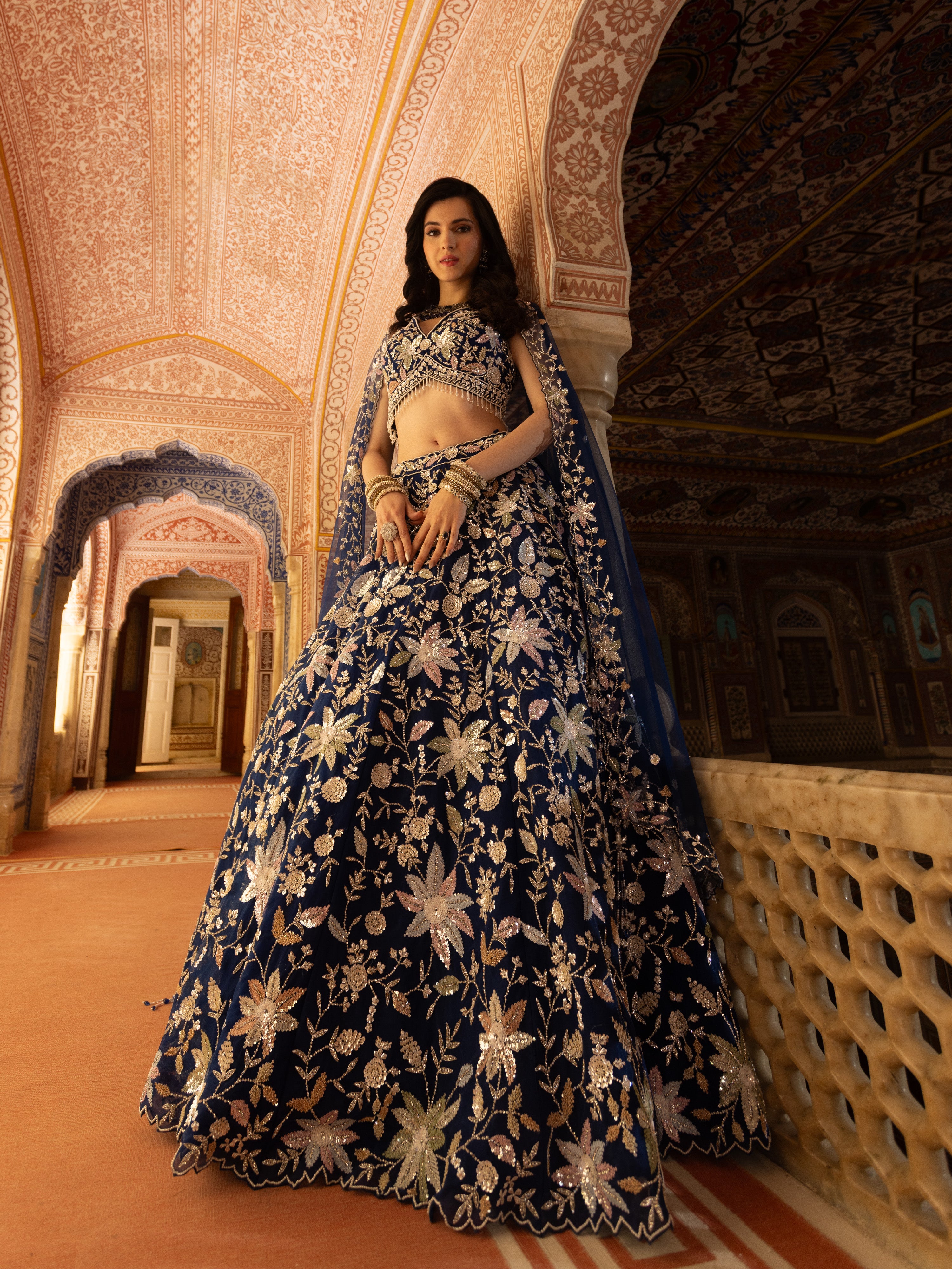 Midnight Blue Floral Zari Embroidered Lehenga