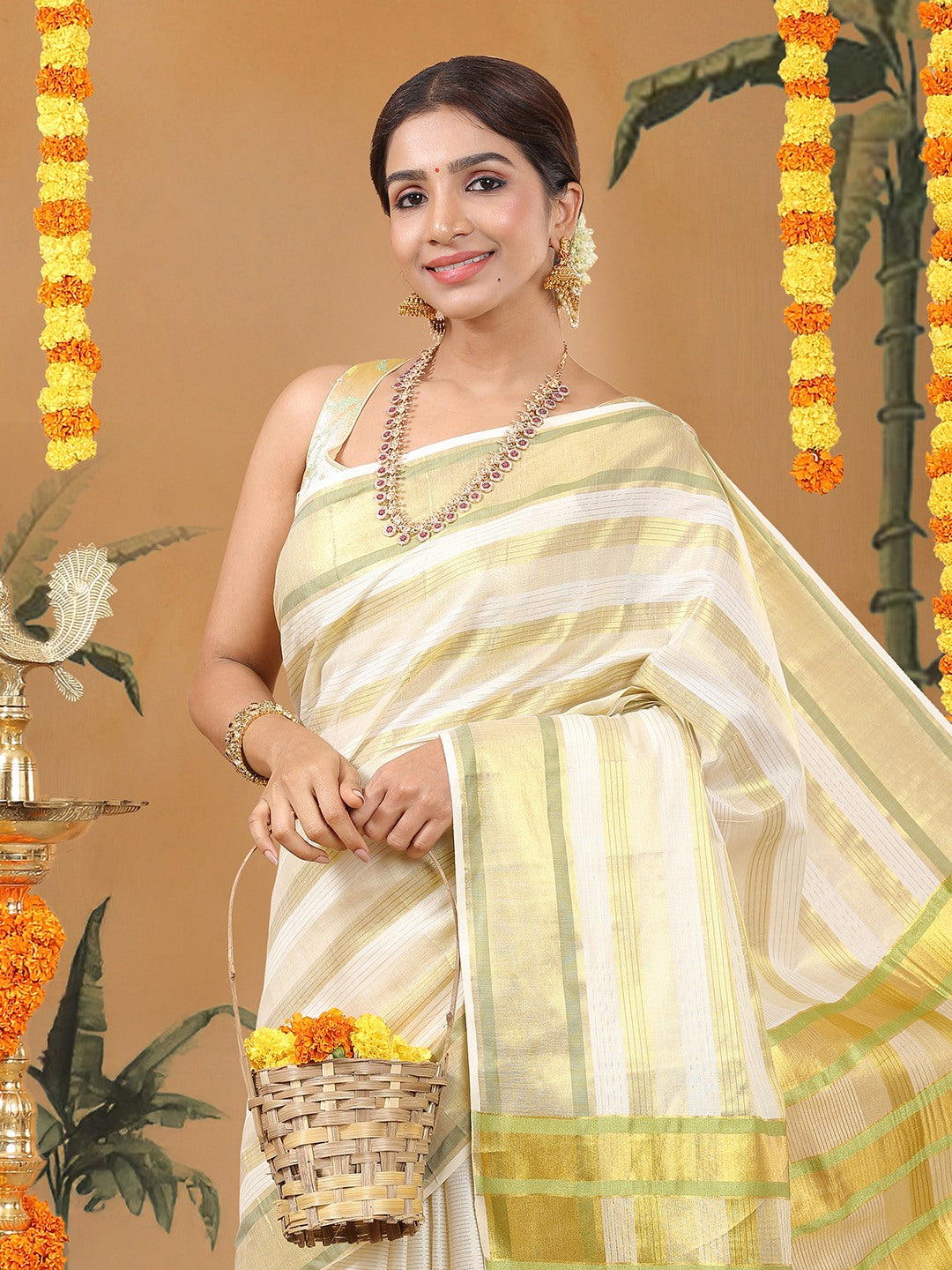 Kalyan Silks Striped Off-White Cotton Set Saree with Light Green & Golden Woven Border