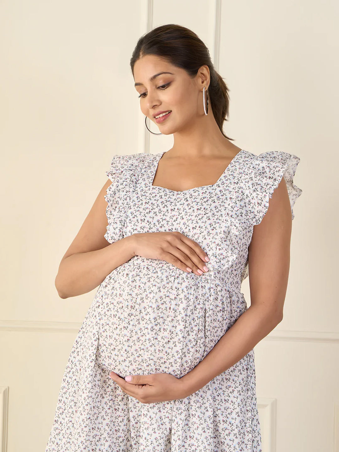 Floral Printed Blue Cotton Maternity Dress