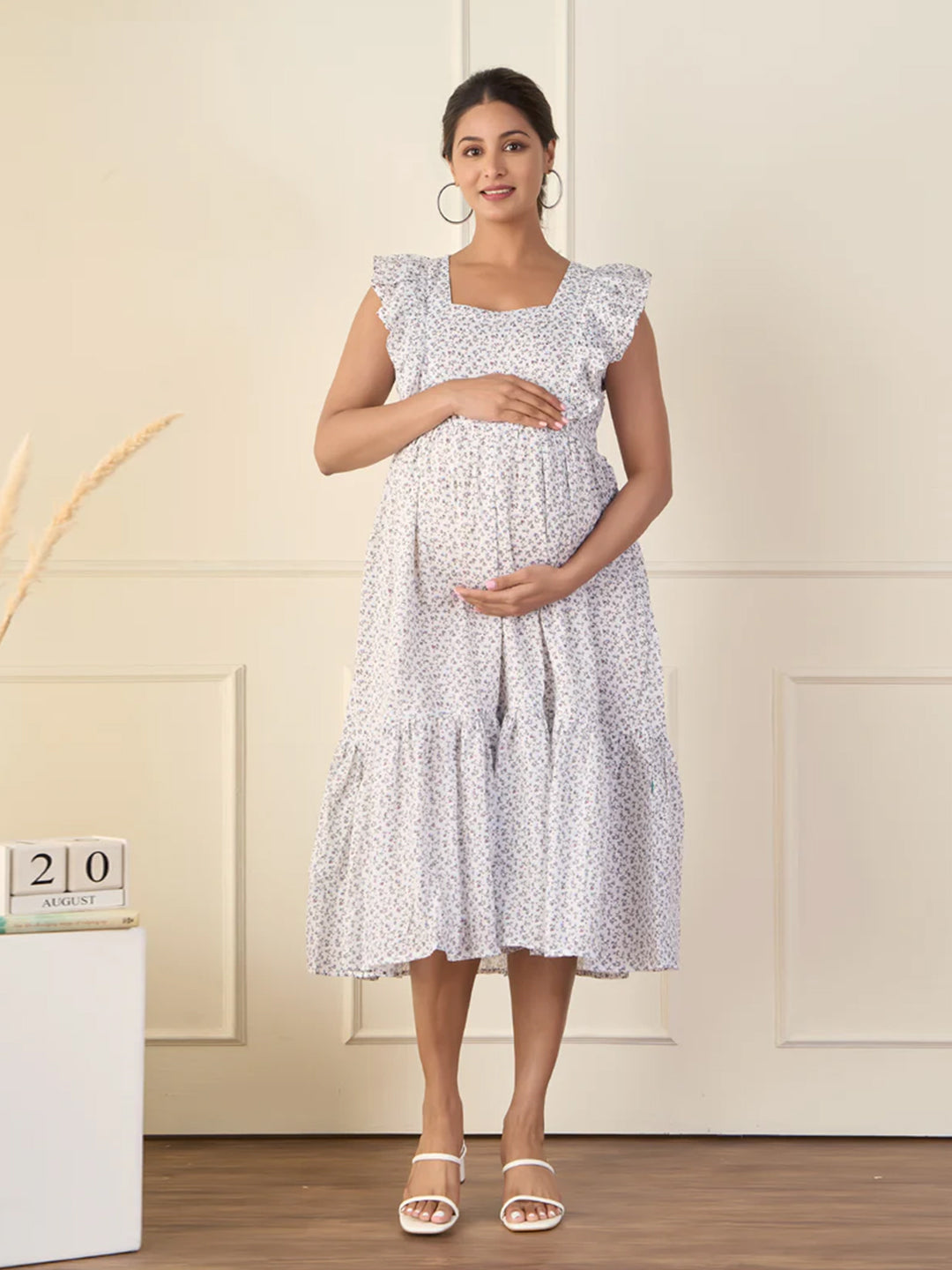 Floral Printed Blue Cotton Maternity Dress