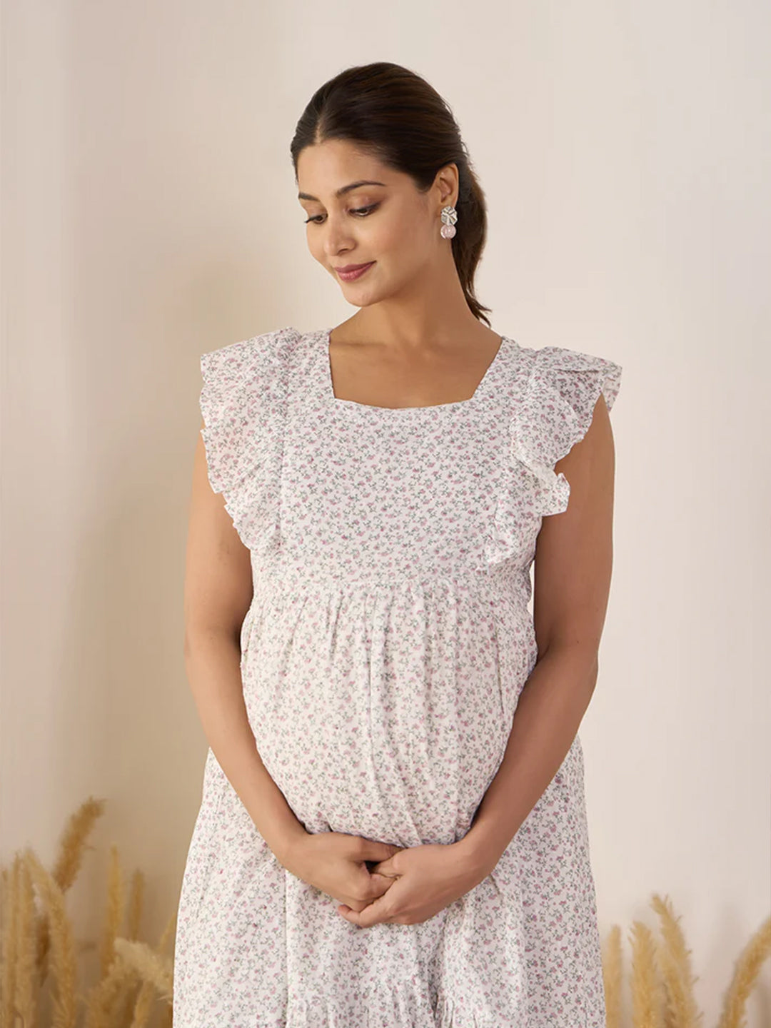 Floral Printed Pink Cotton Maternity Dress