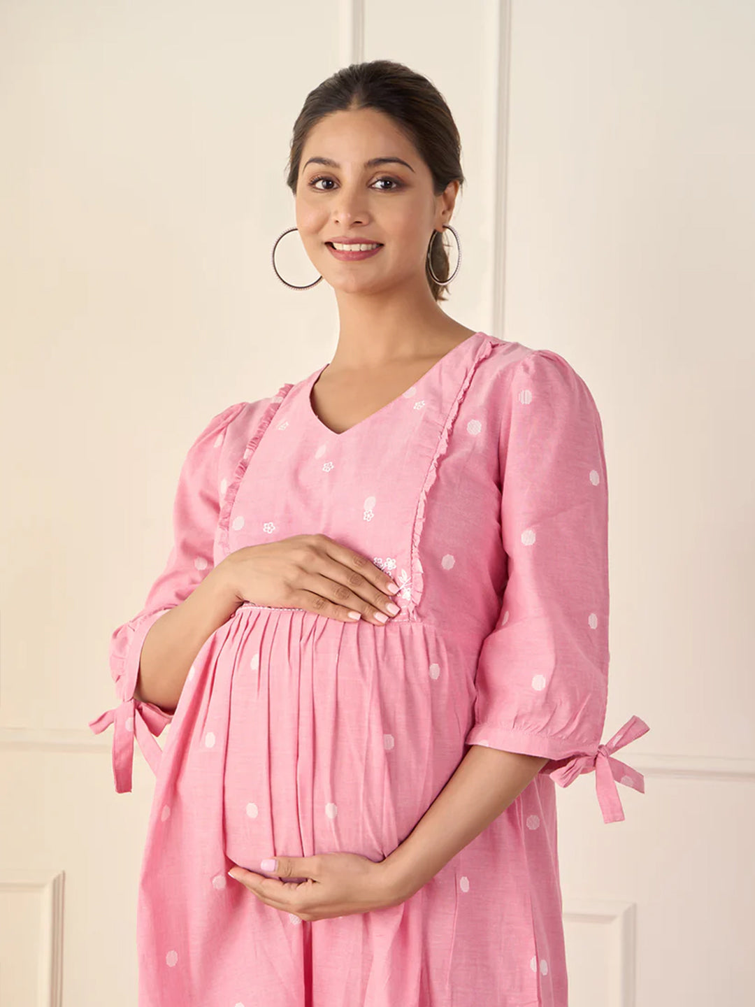 Cotton Dobby Pink Maternity Dress with Sleeve Tie-up