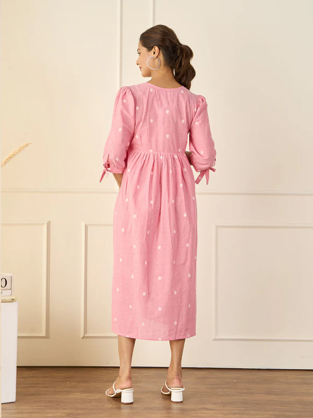 Cotton Dobby Pink Maternity Dress with Sleeve Tie-up