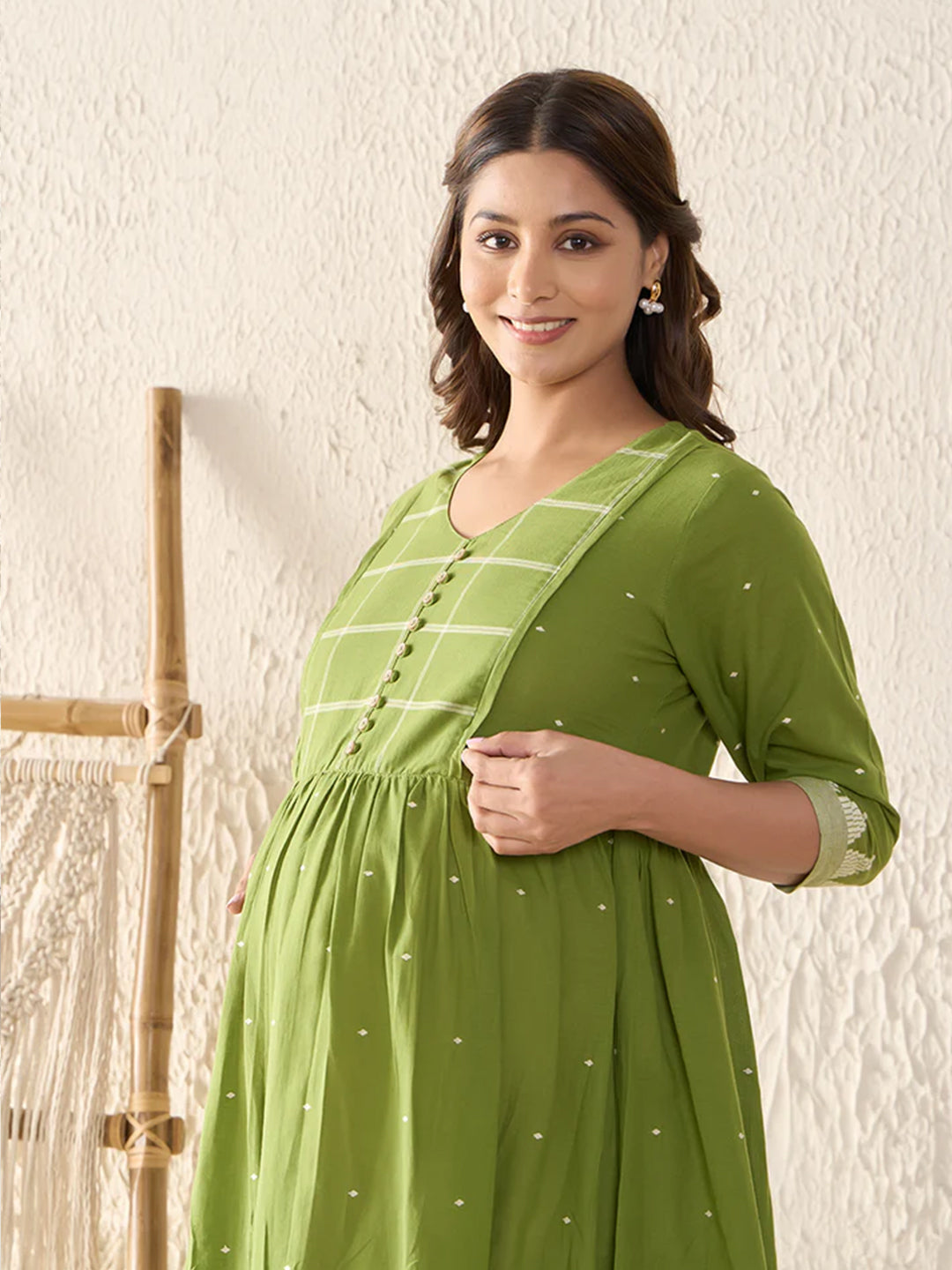 Cotton Dobby Green Maternity Dress