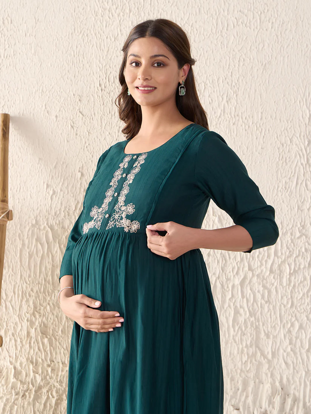 Floral Embroidered Textured Green Maternity Dress