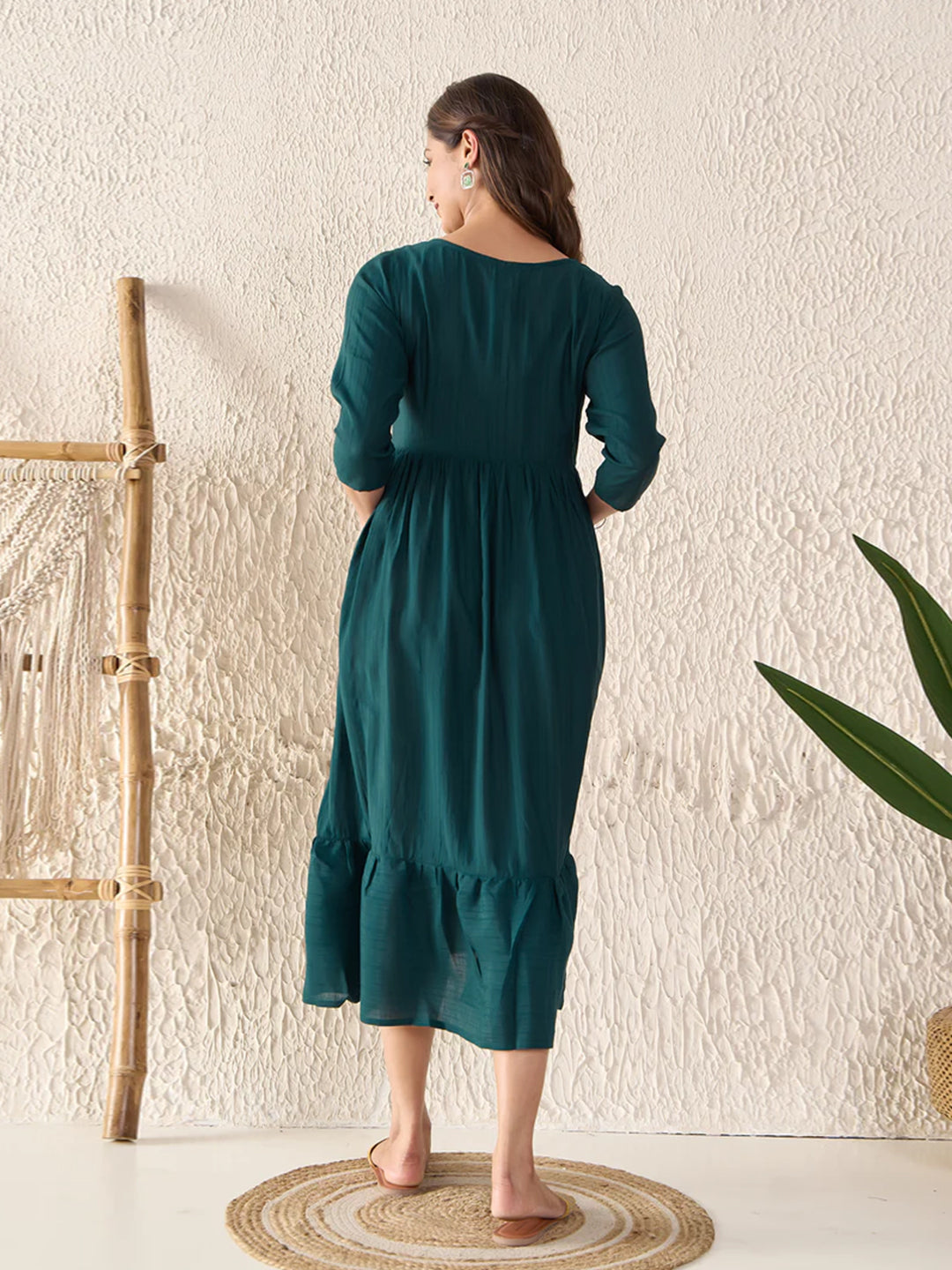Floral Embroidered Textured Green Maternity Dress