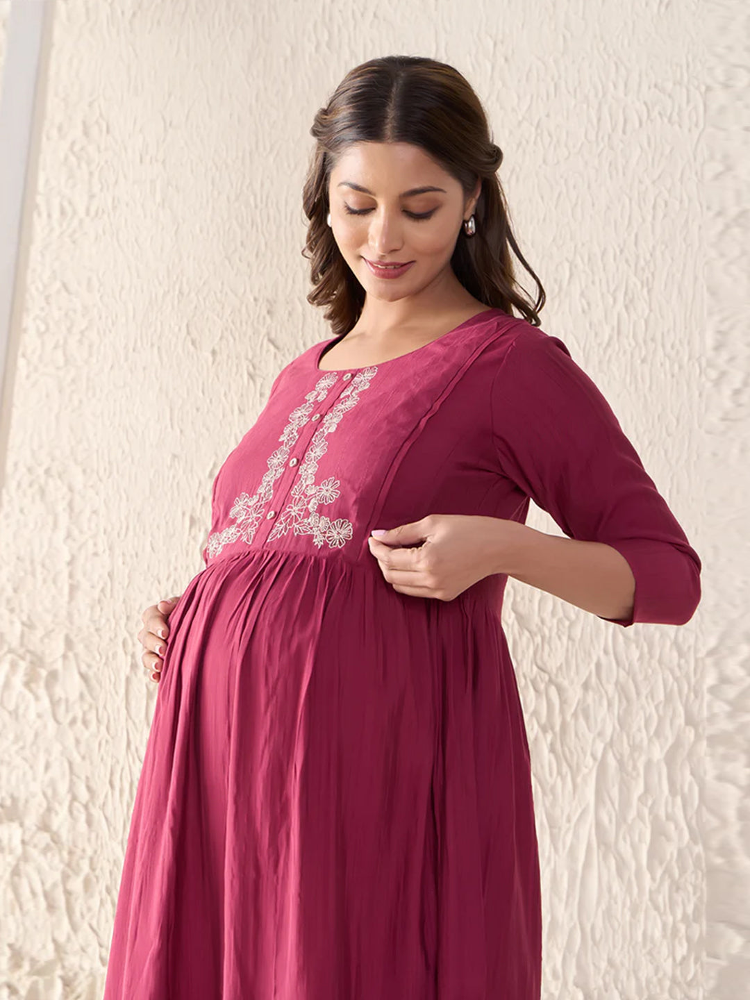 Floral Embroidered Textured Magenta Maternity Dress