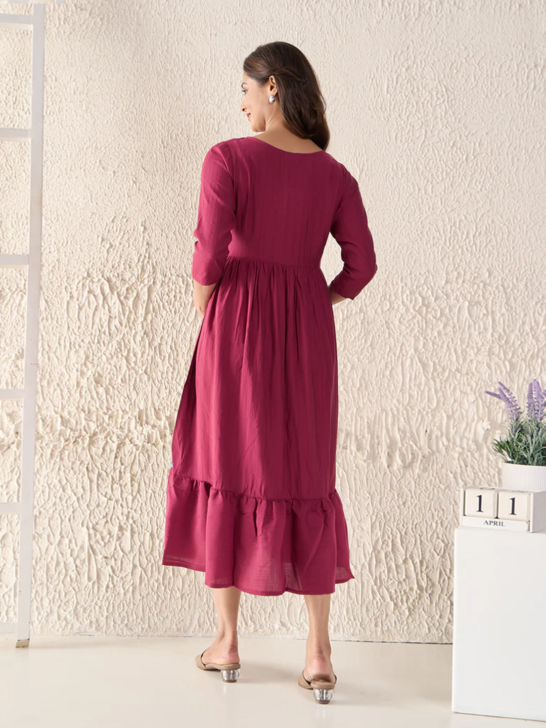 Floral Embroidered Textured Magenta Maternity Dress