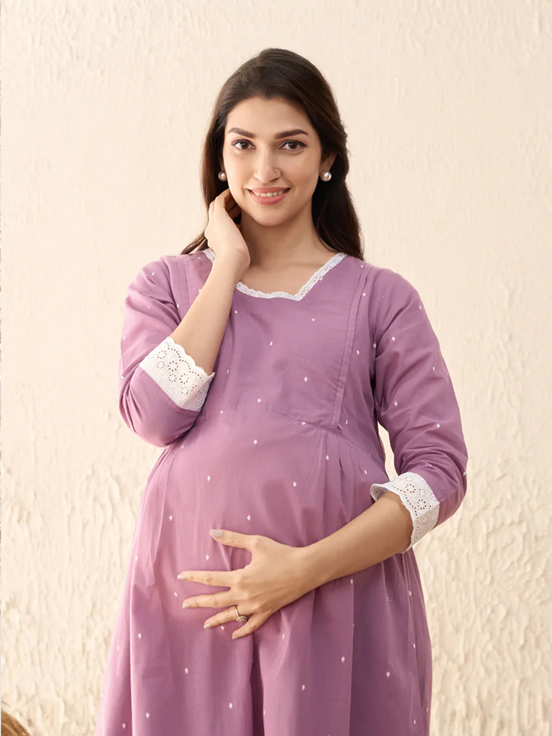 Dobby Weave Lace Embellished Maternity Dress - Lavendar