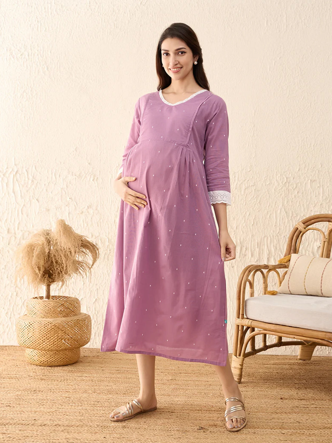 Dobby Weave Lace Embellished Maternity Dress - Lavendar