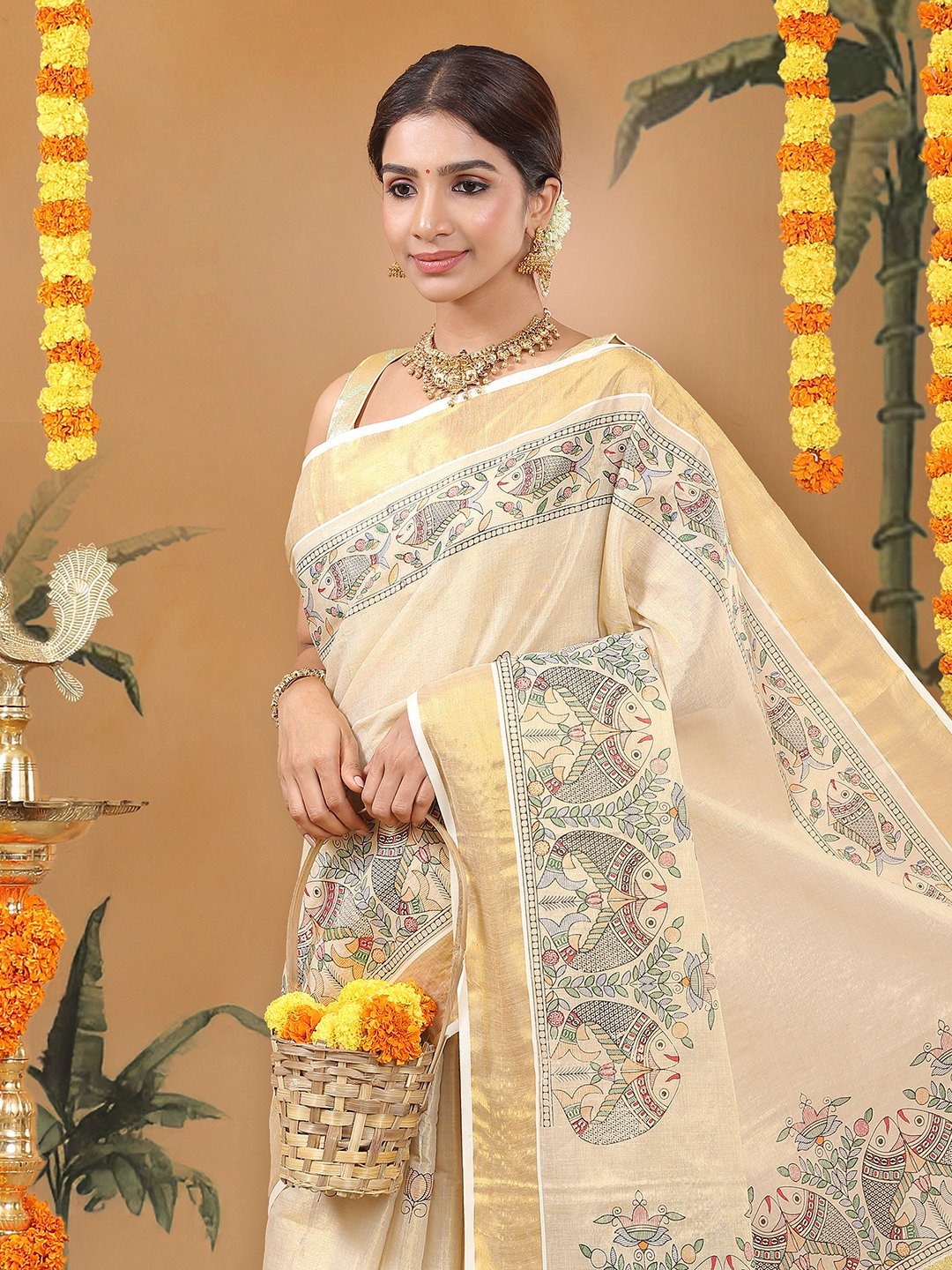 Kalyan Silks Golden Tissue Saree with Fish & Floral Print Near Kasavu Border