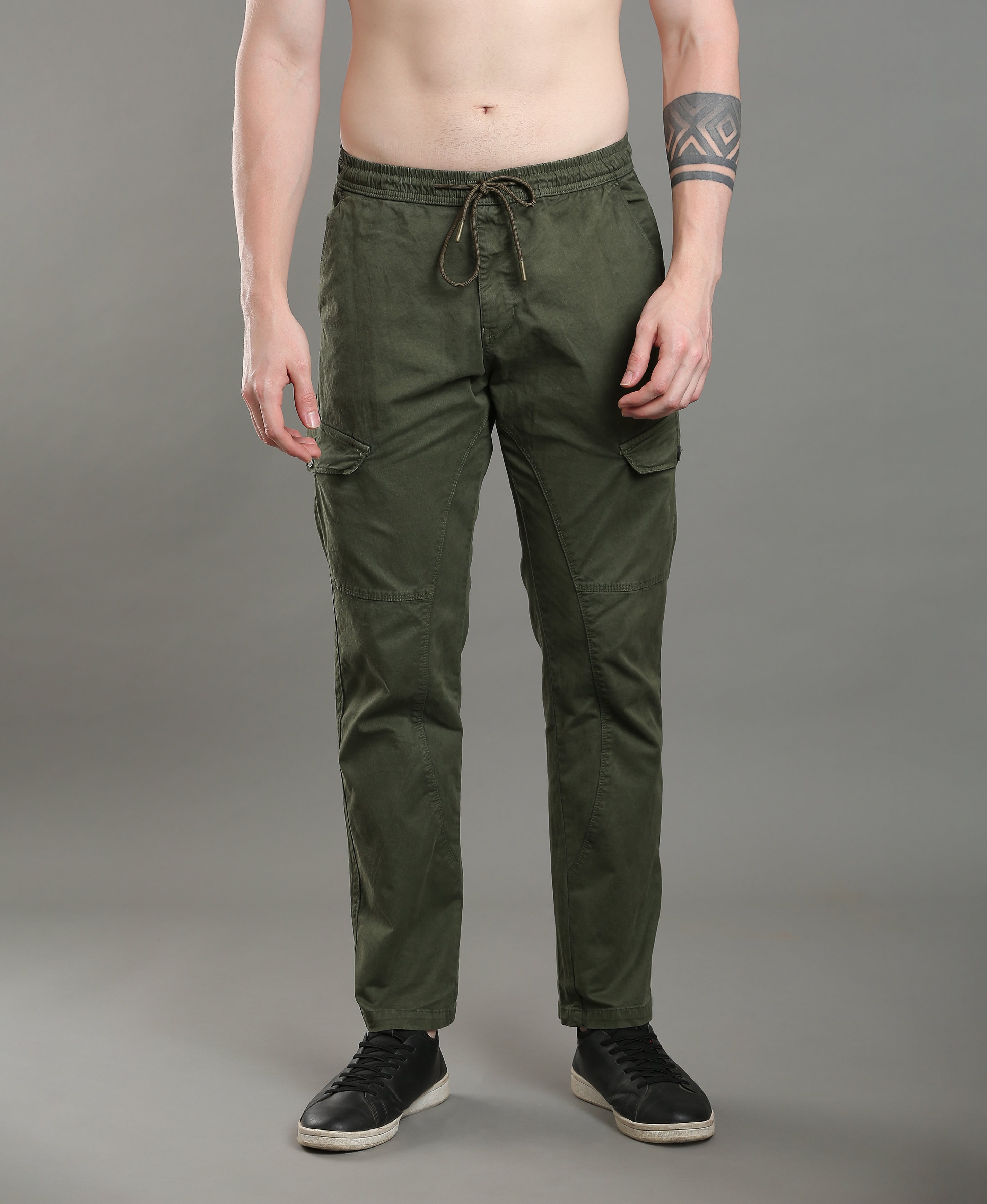 Blue Green Front 6-Pocket Twill Cargos For Men