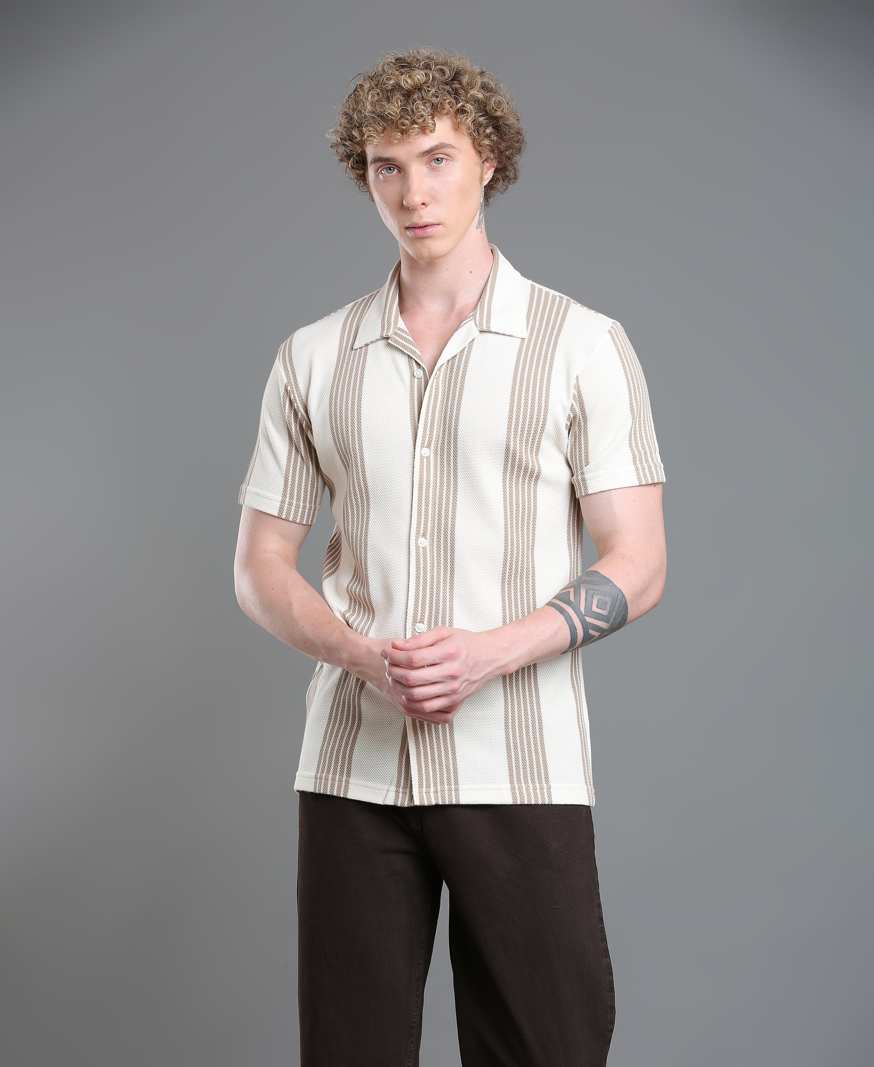 Khaki Stripe Regular Shirt For Men