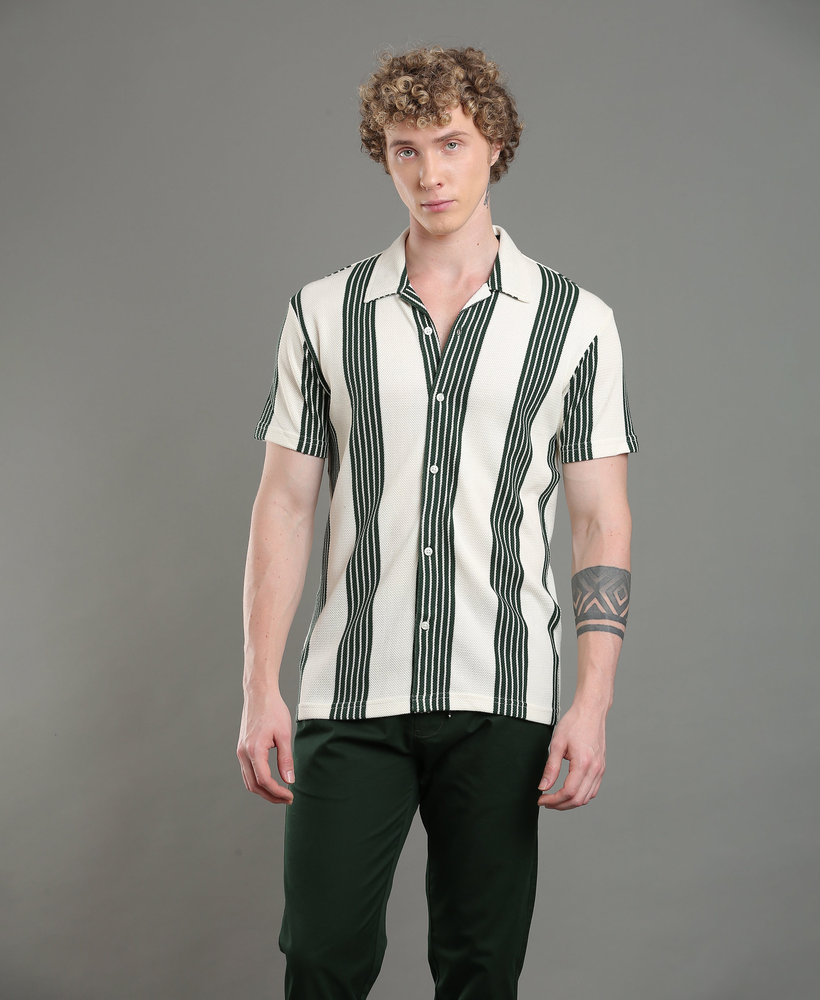 Olive Stripe Regular Shirt For Men