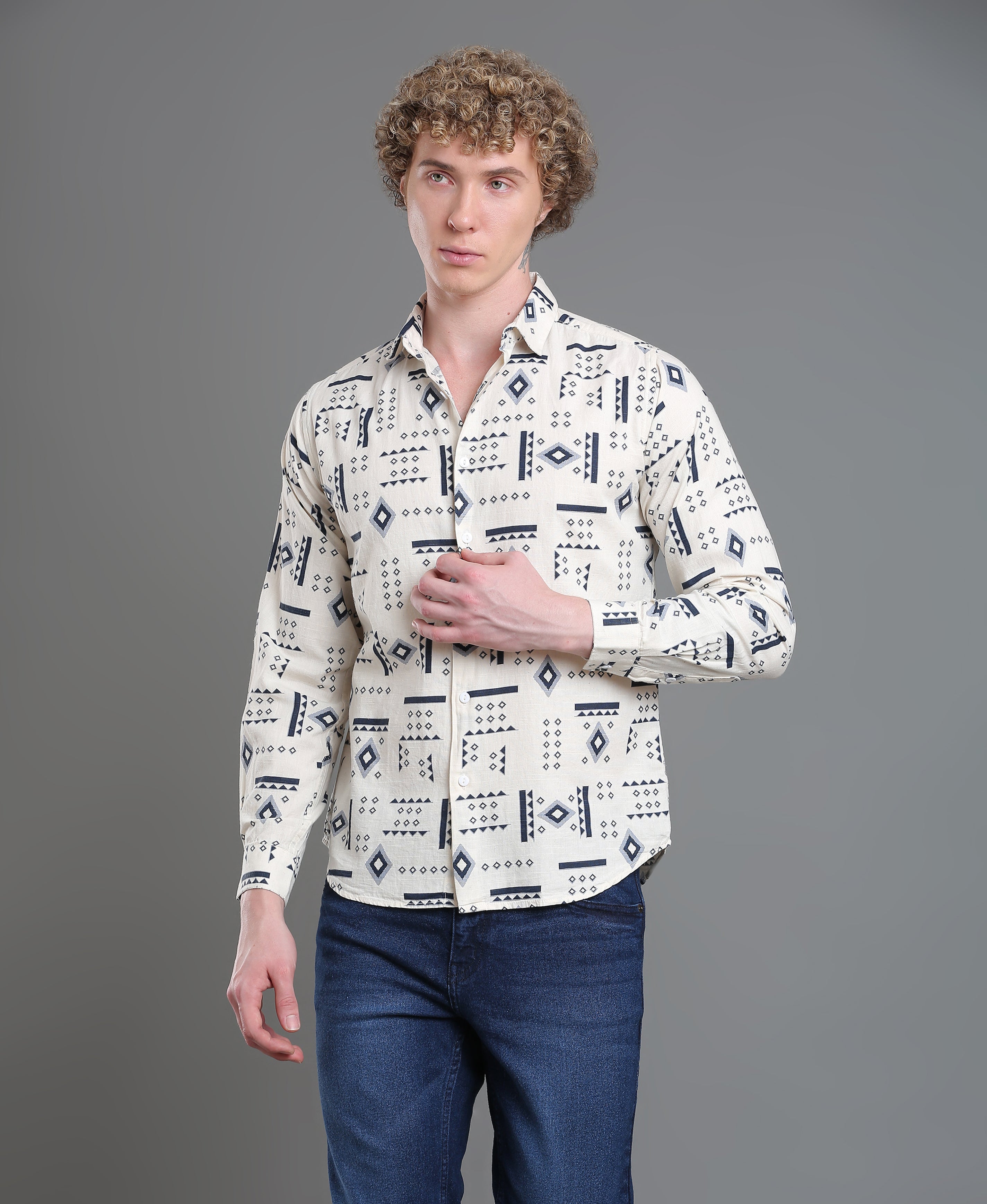 Oyster Bloom Slim  Navy Printed Linen Shirt For Men