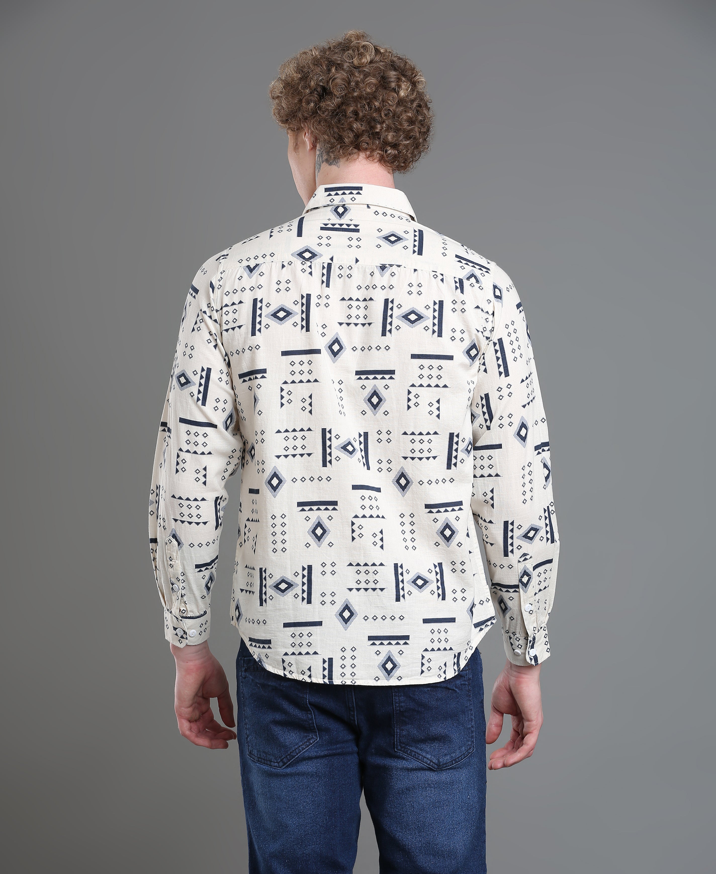 Oyster Bloom Slim  Navy Printed Linen Shirt For Men