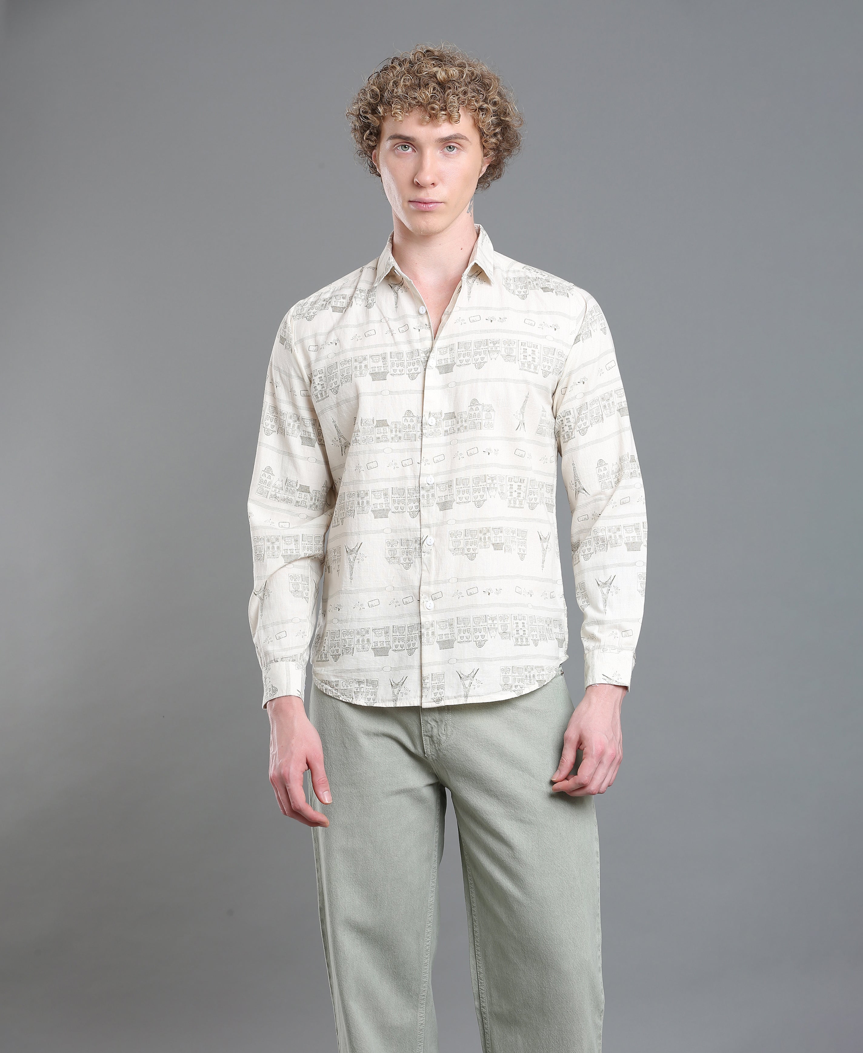 Cream Horizon Printed Shirt For Men