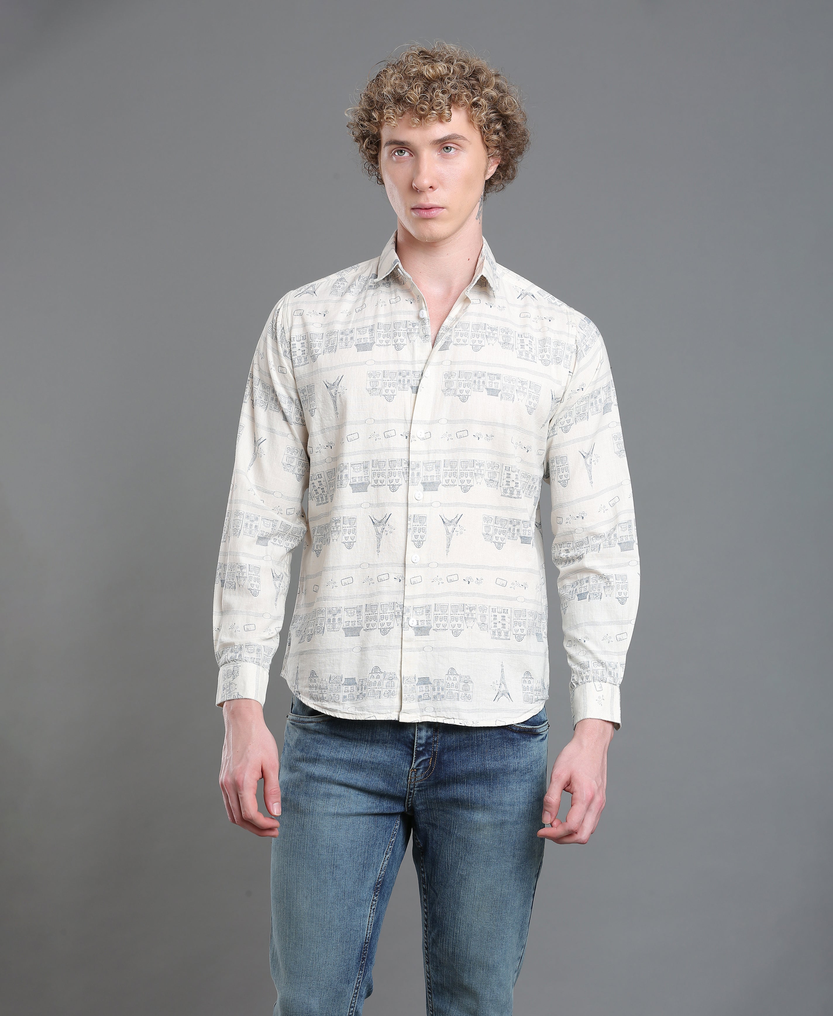 Ivory Linen Print Slim Shirt For Men