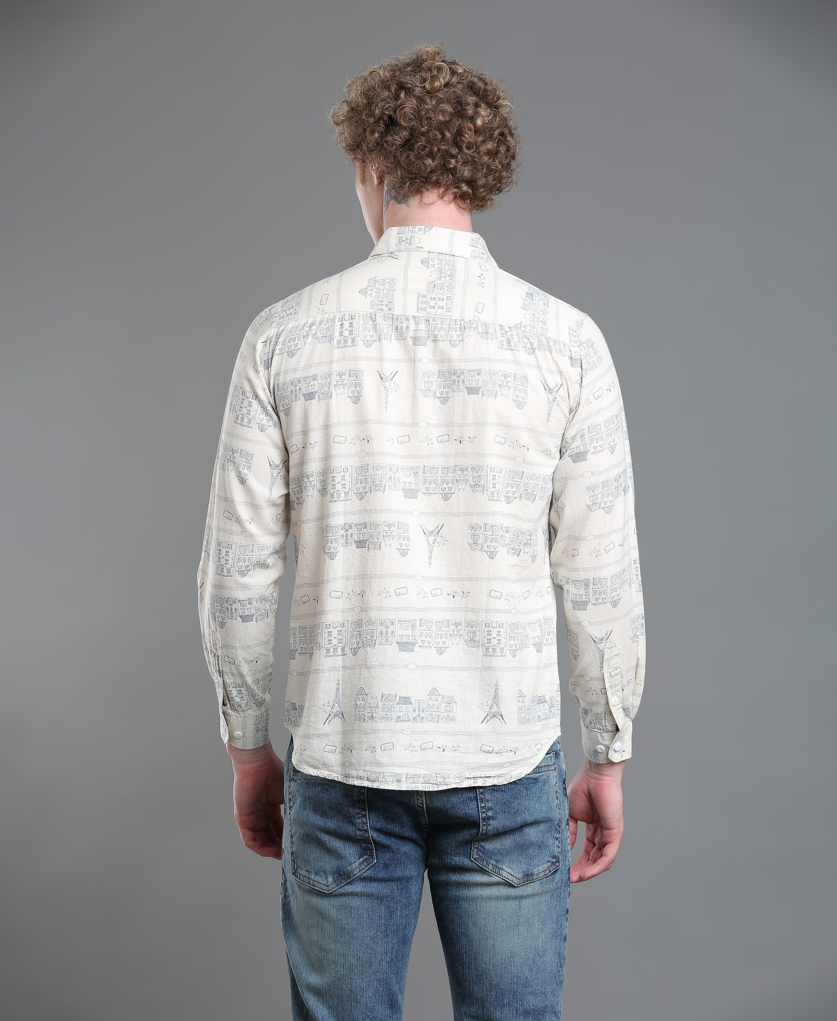 Ivory Linen Print Slim Shirt For Men