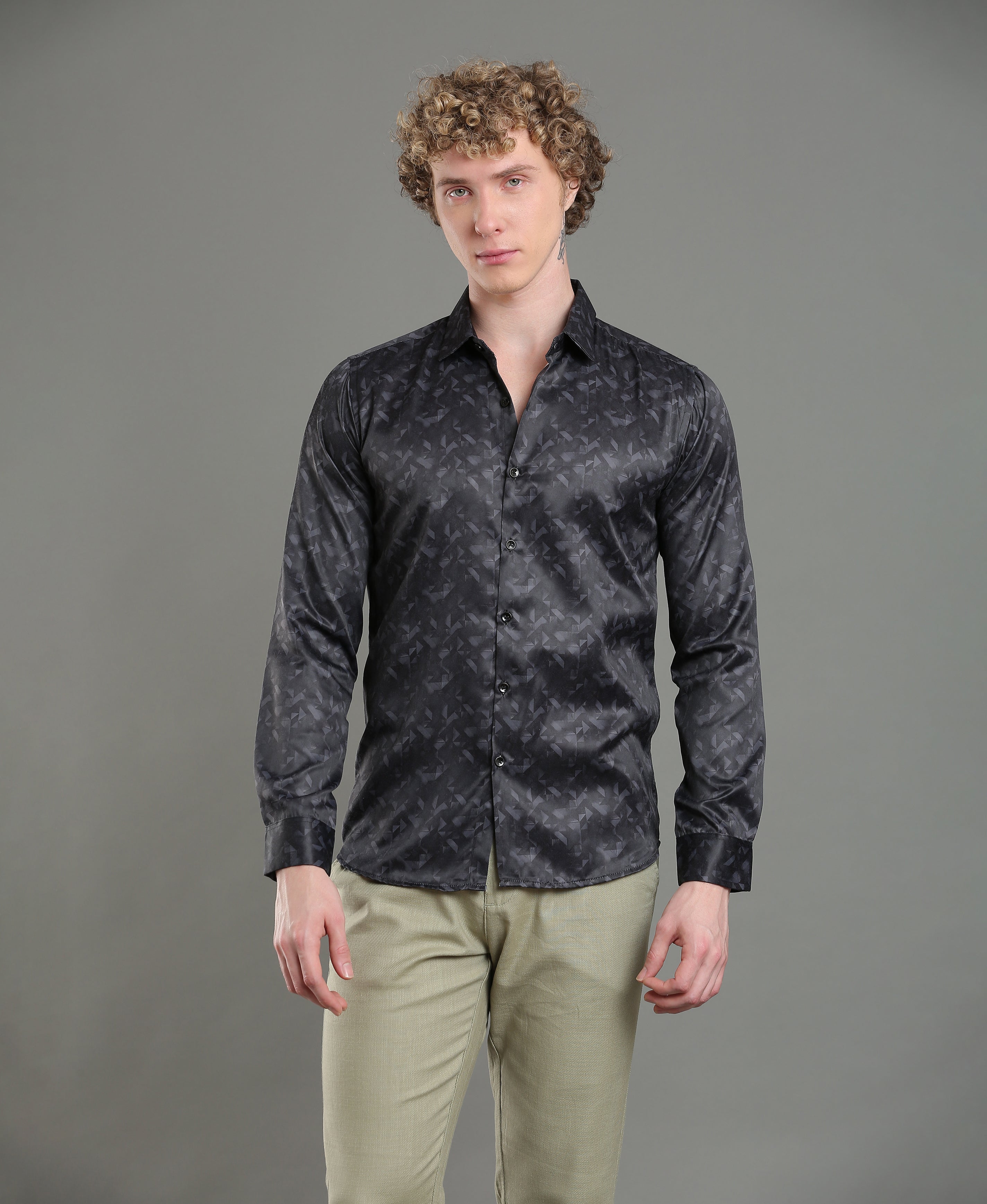 Onyx Satin Print Slim Shirt For Men