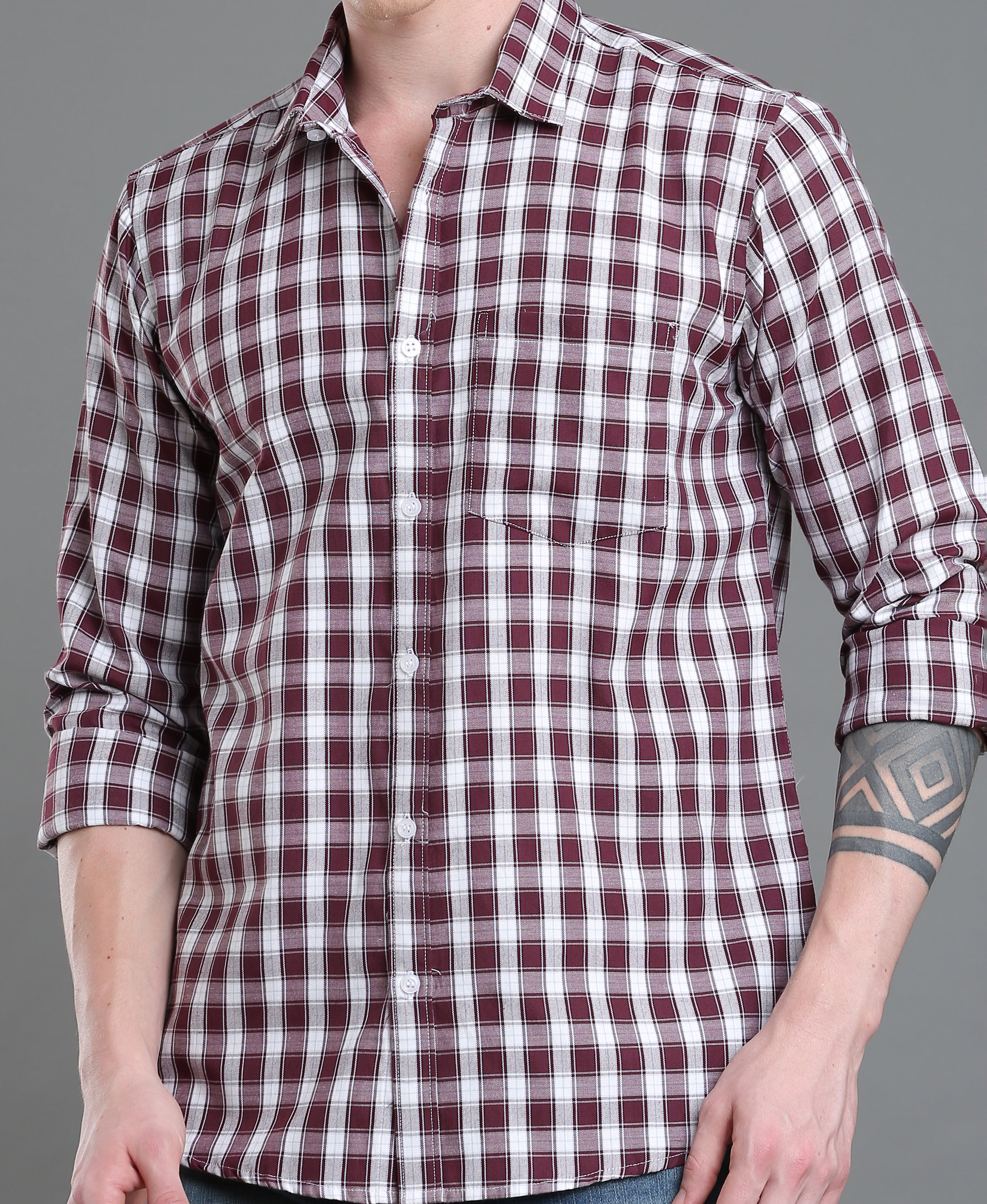 Wine Check Tailored Shirt For Men