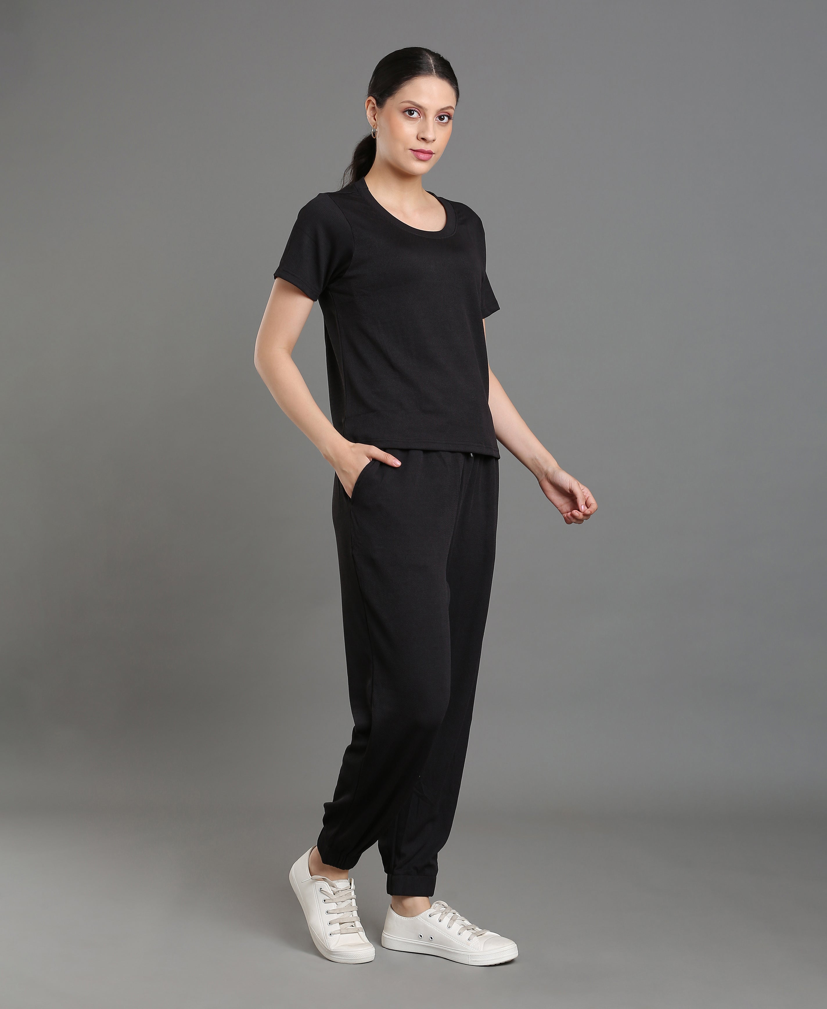 Noir Rib Knit Coord Set For Women