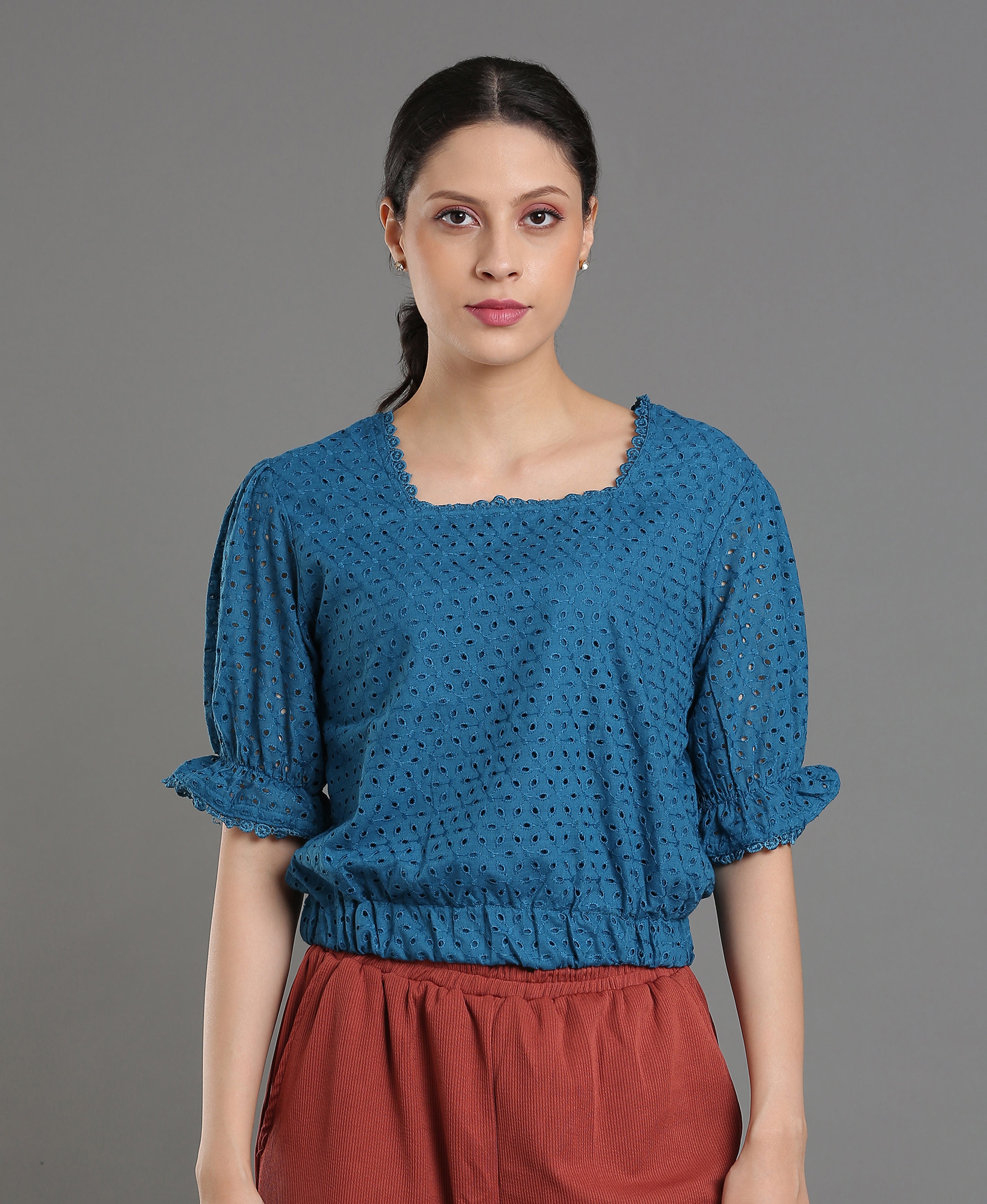 Teal Lace Blend Crop Top For Women