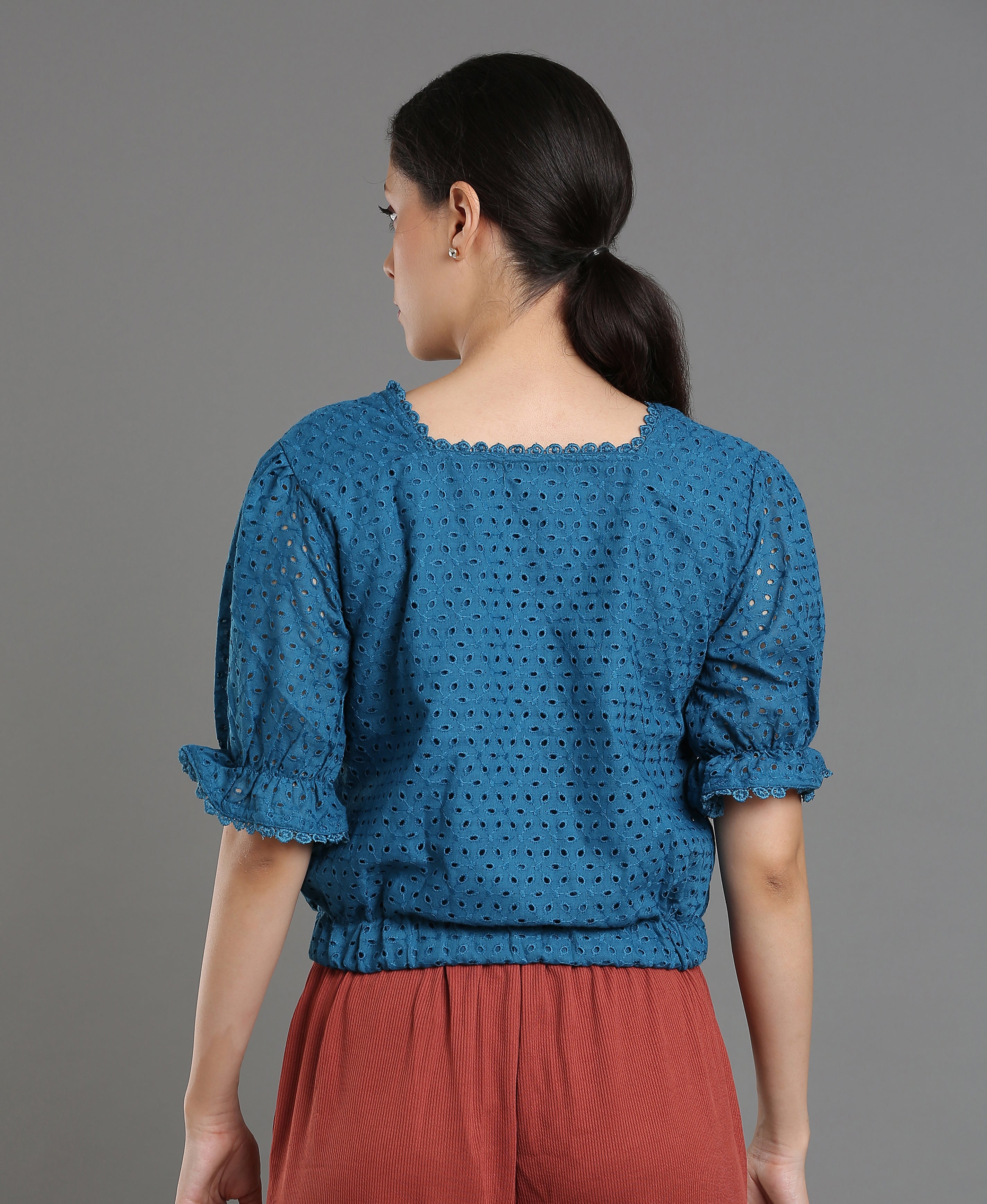 Teal Lace Blend Crop Top For Women