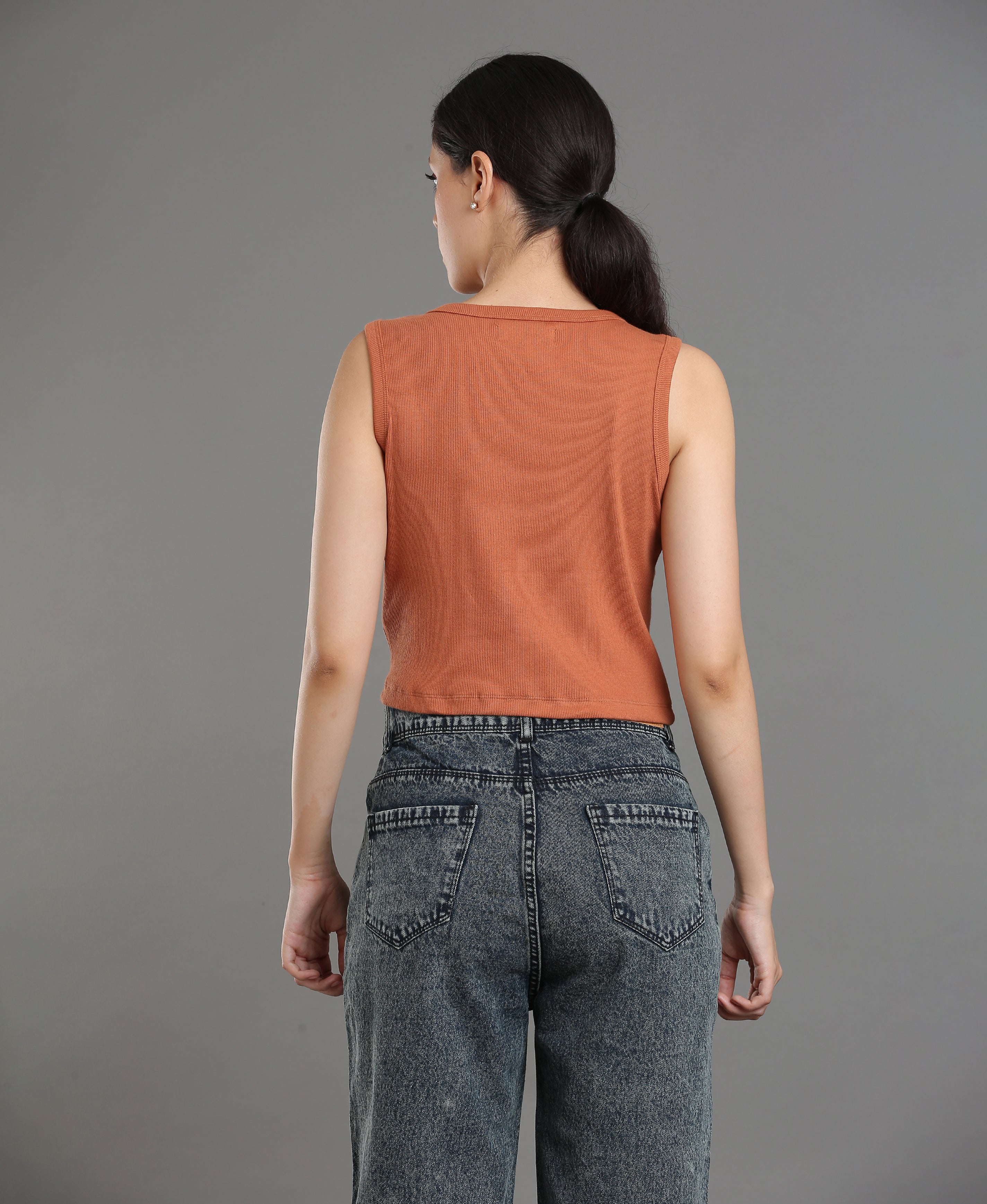 Cocoa Print Rib Knit Crop Top For Women