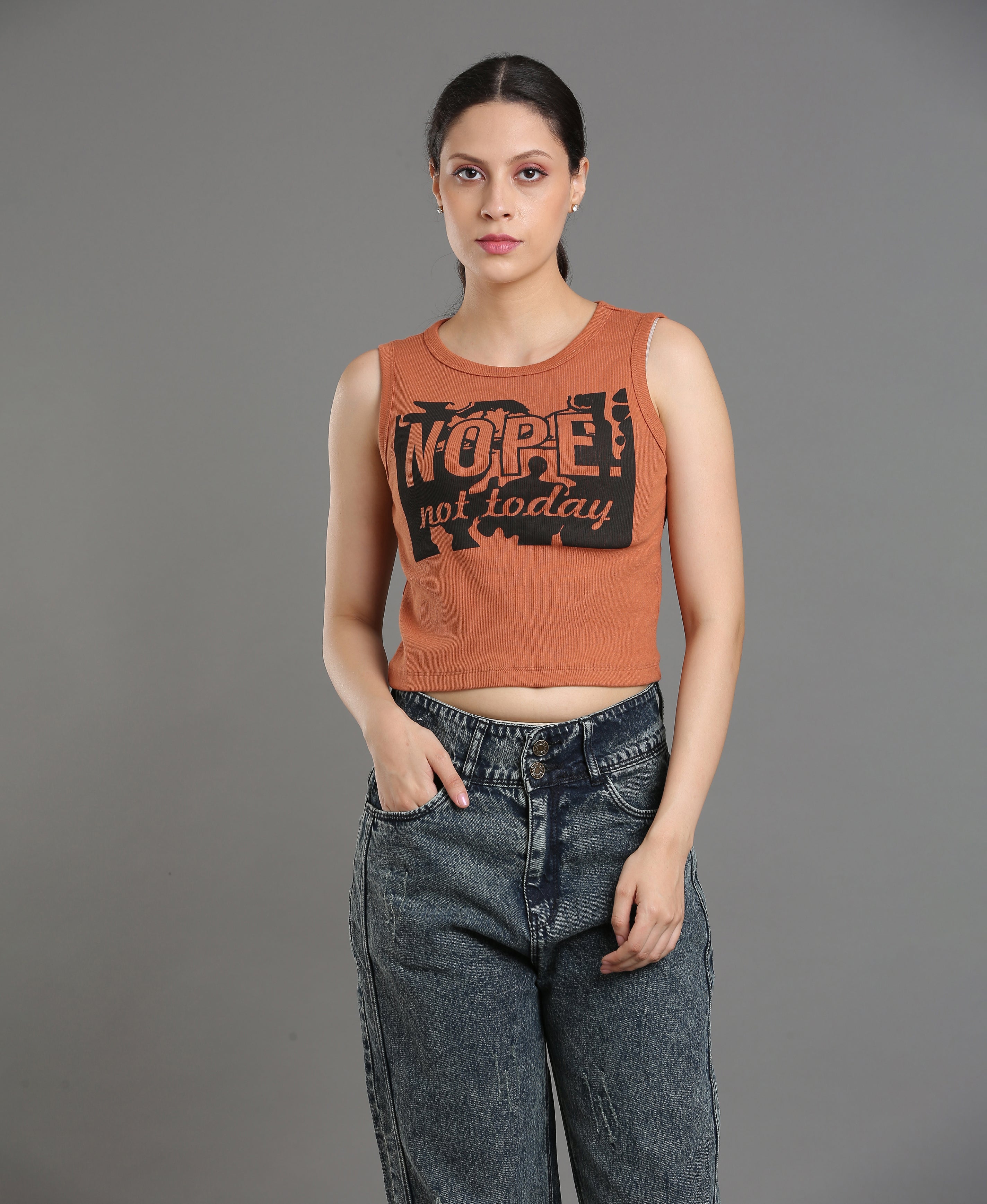 Cocoa Print Rib Knit Crop Top For Women