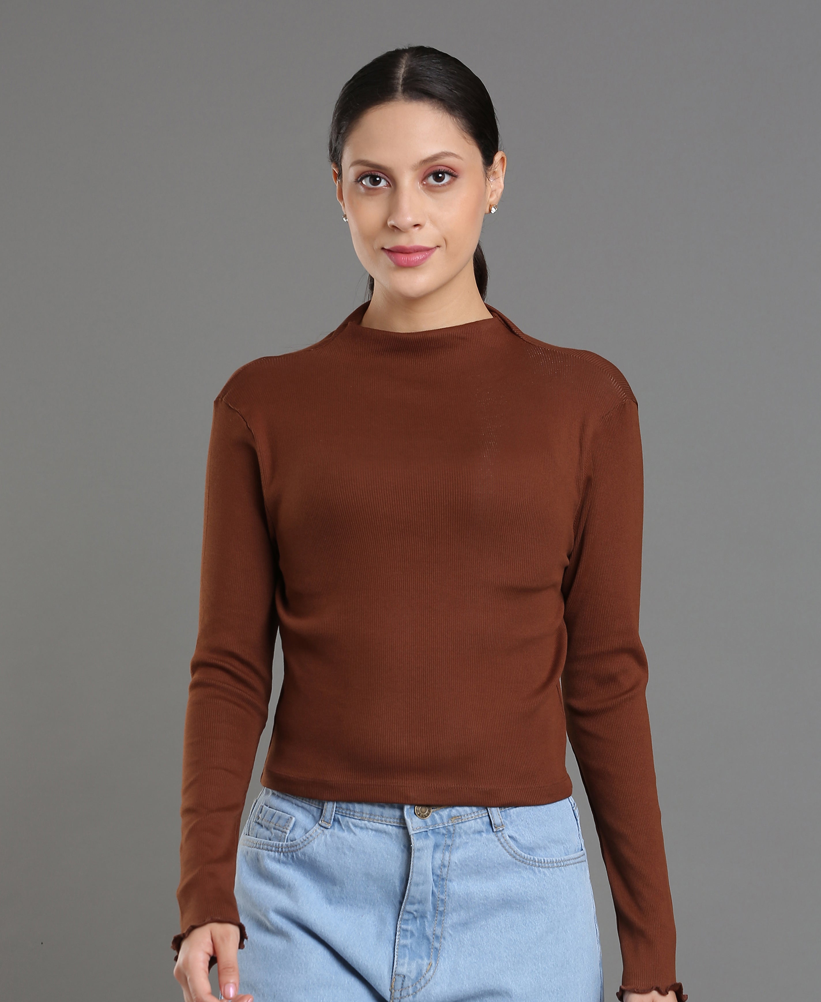 Mocha Rib Knit Crop Top For Women