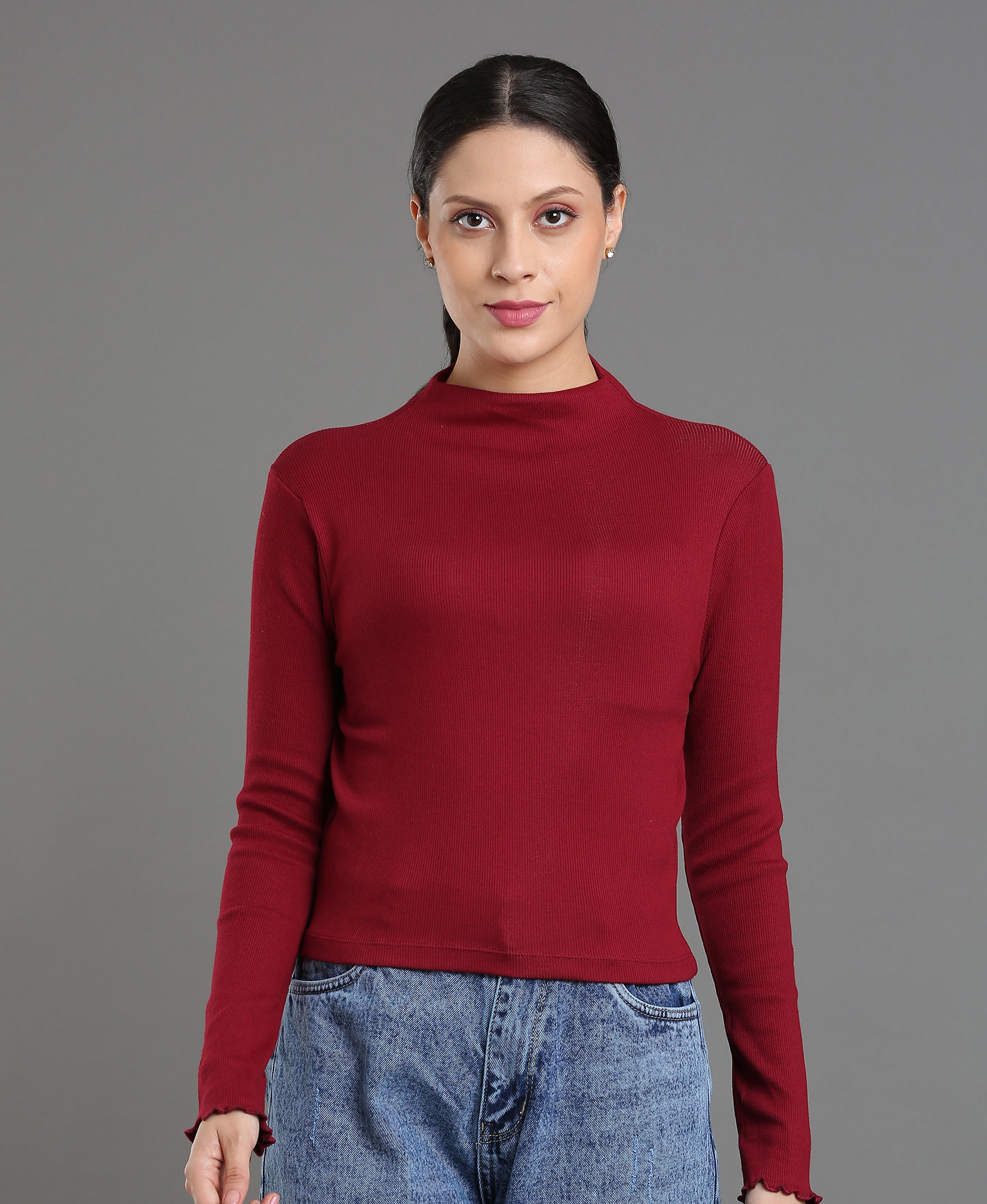 Wine Rib Knit Crop Top For Women