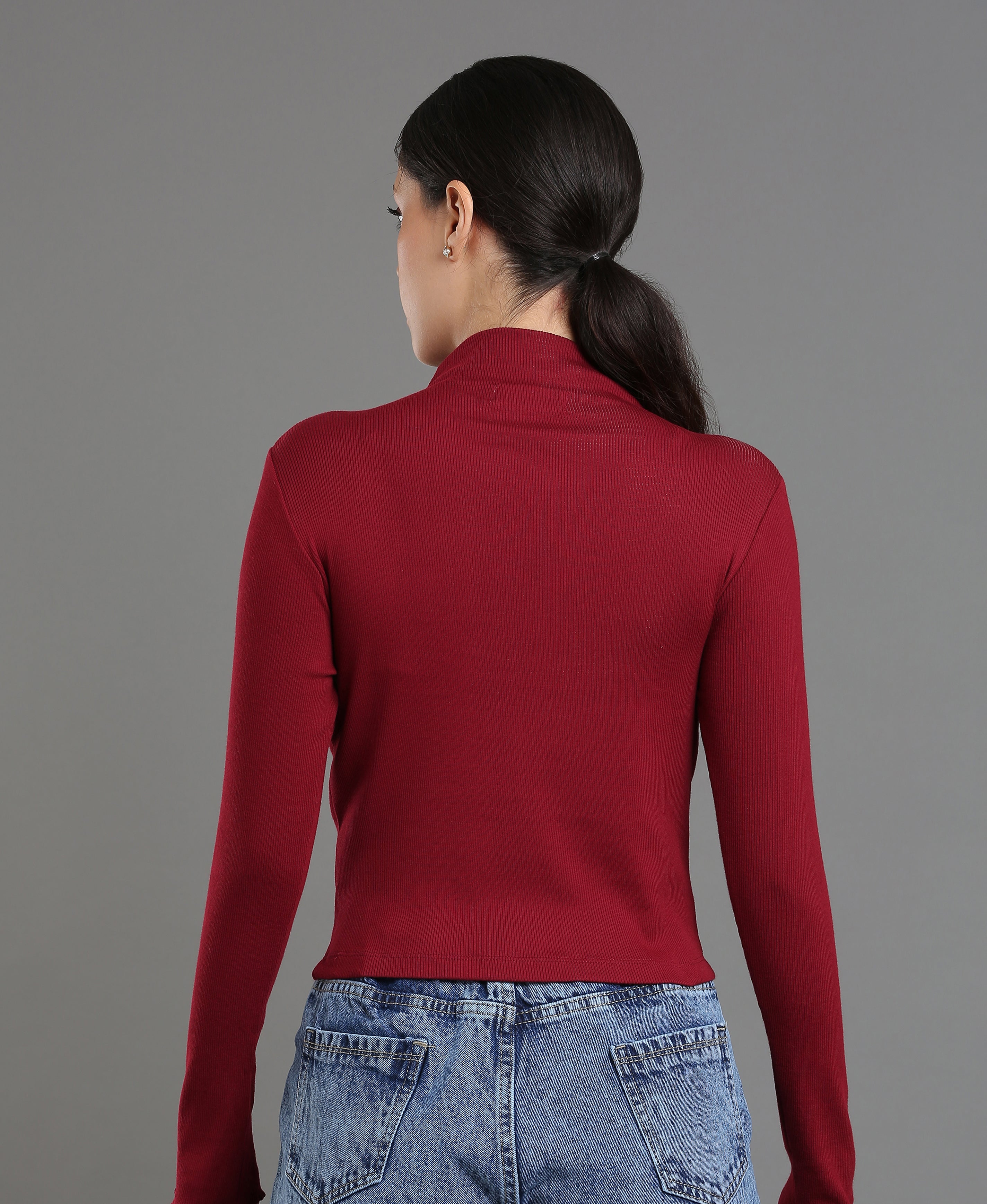 Wine Rib Knit Crop Top For Women
