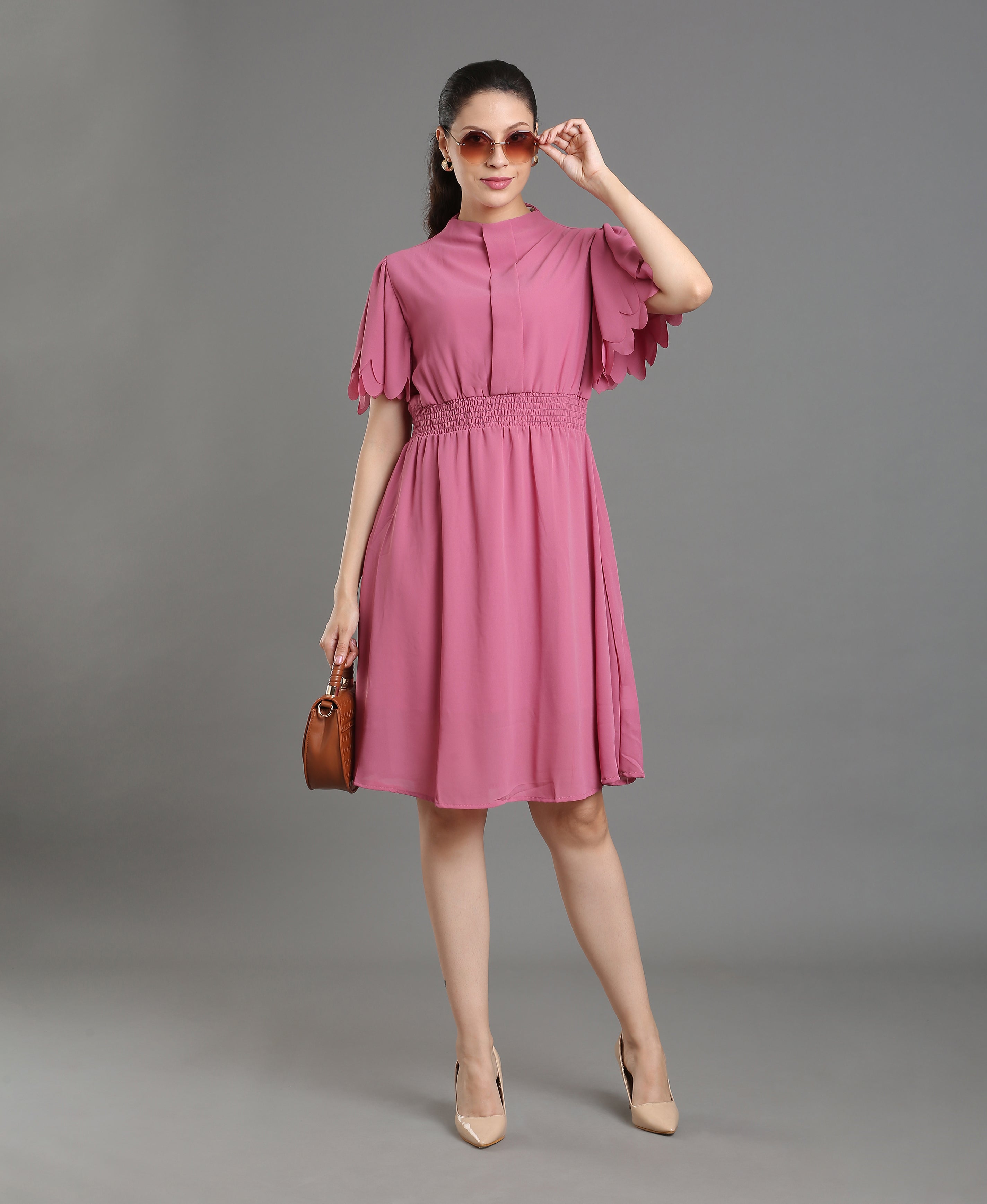 Onion Solid Round Cotton Dress For Women