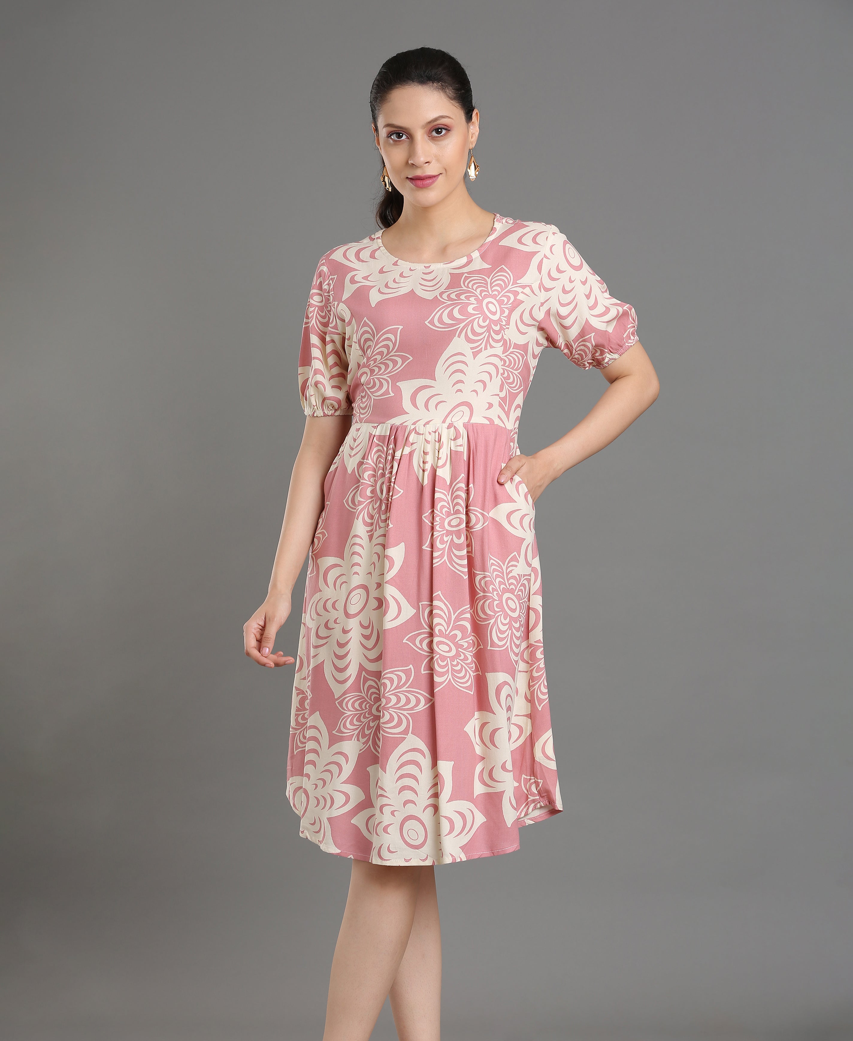 Pink Bloom Viscose Flare Dress For Women