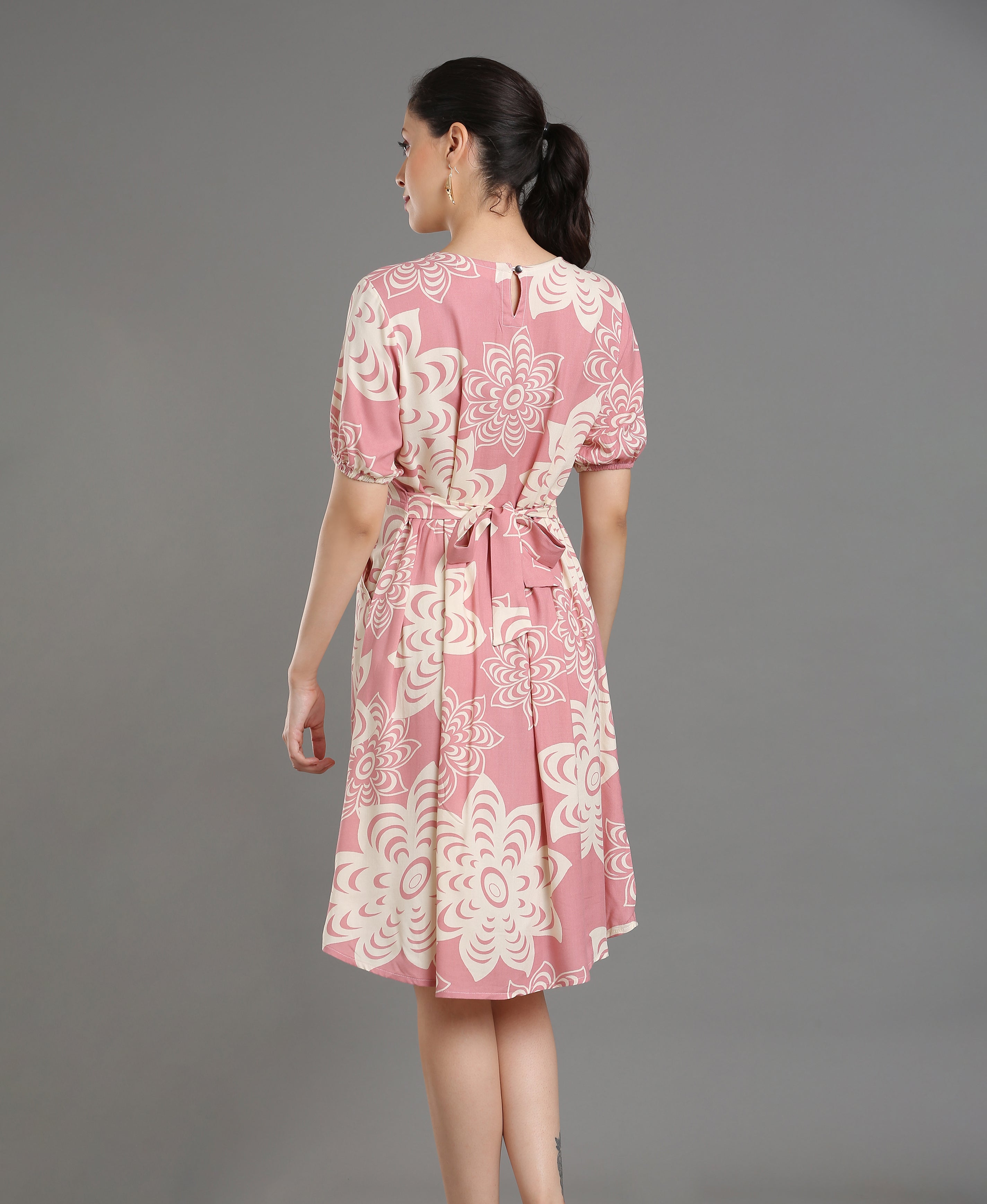 Pink Bloom Viscose Flare Dress For Women