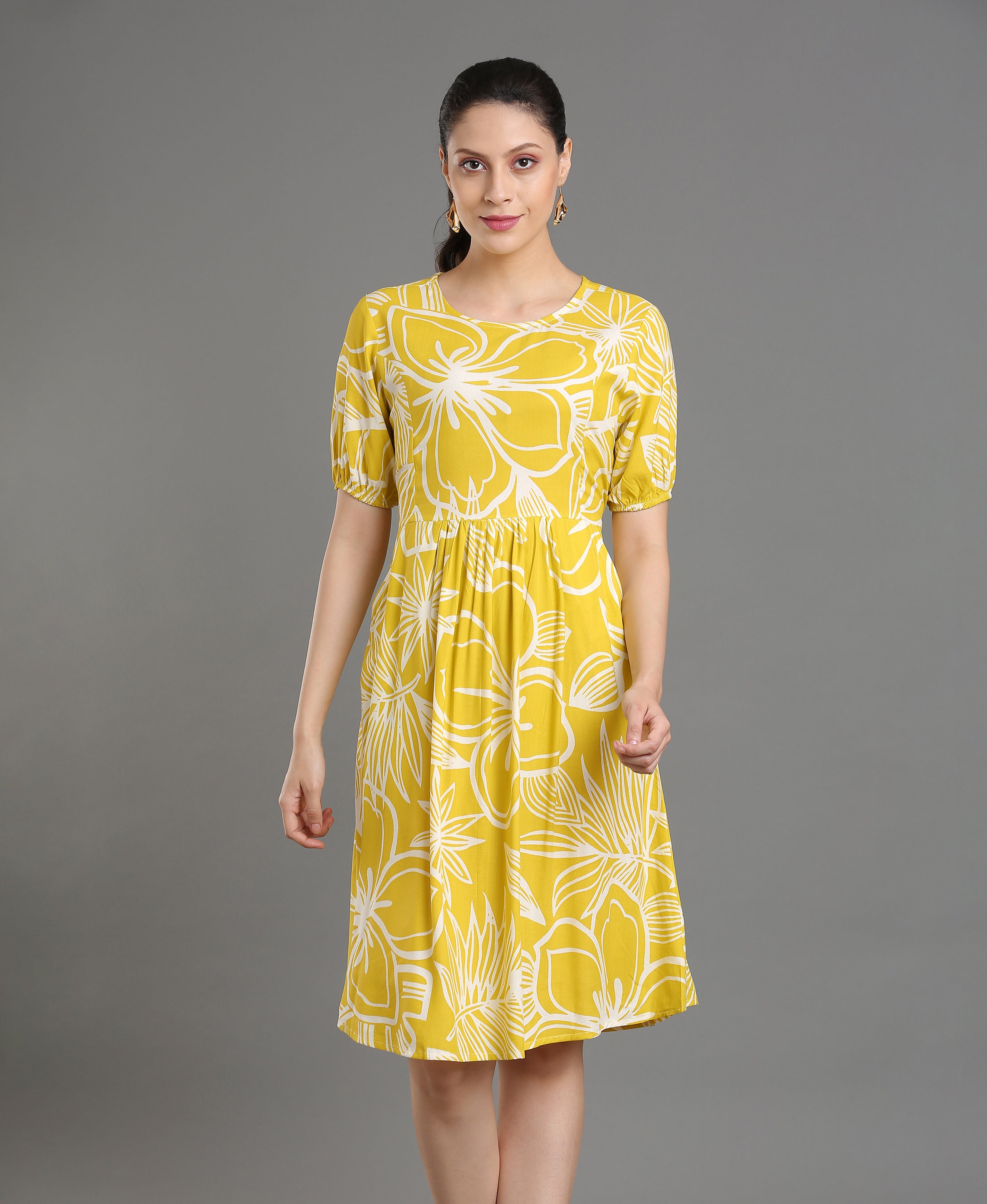 Yellow Bloom Viscose Flare Dress For Women