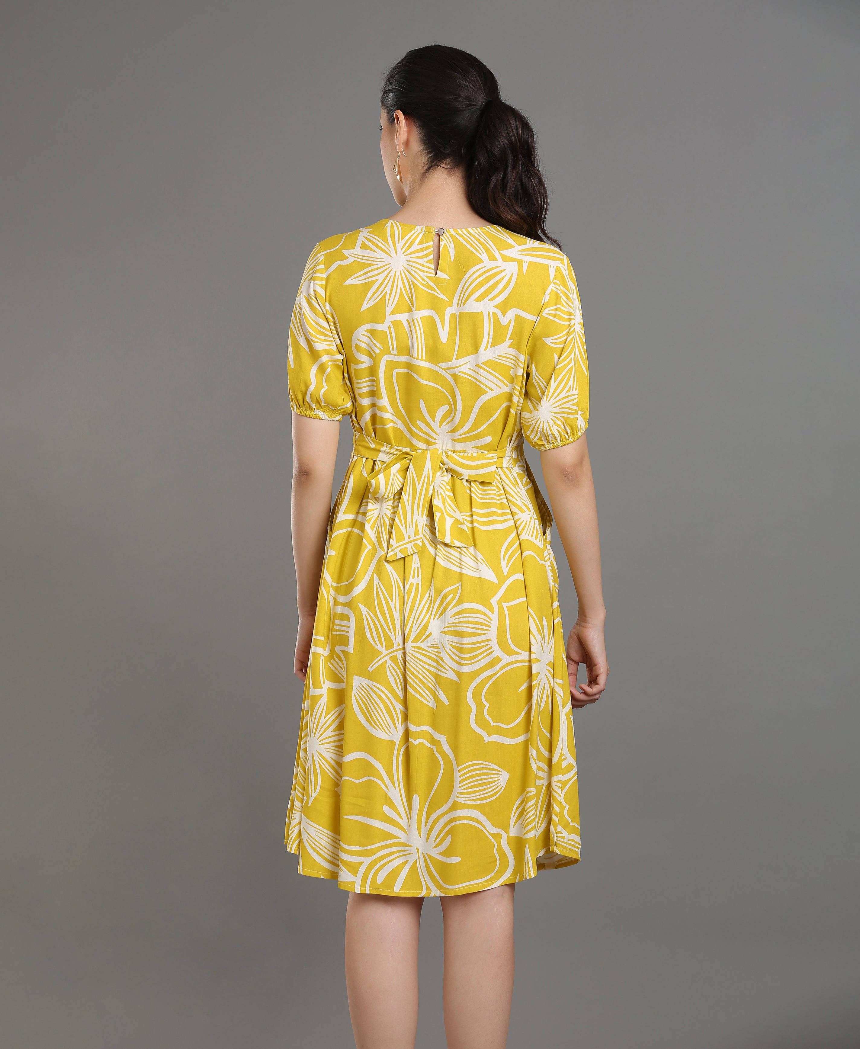 Yellow Bloom Viscose Flare Dress For Women