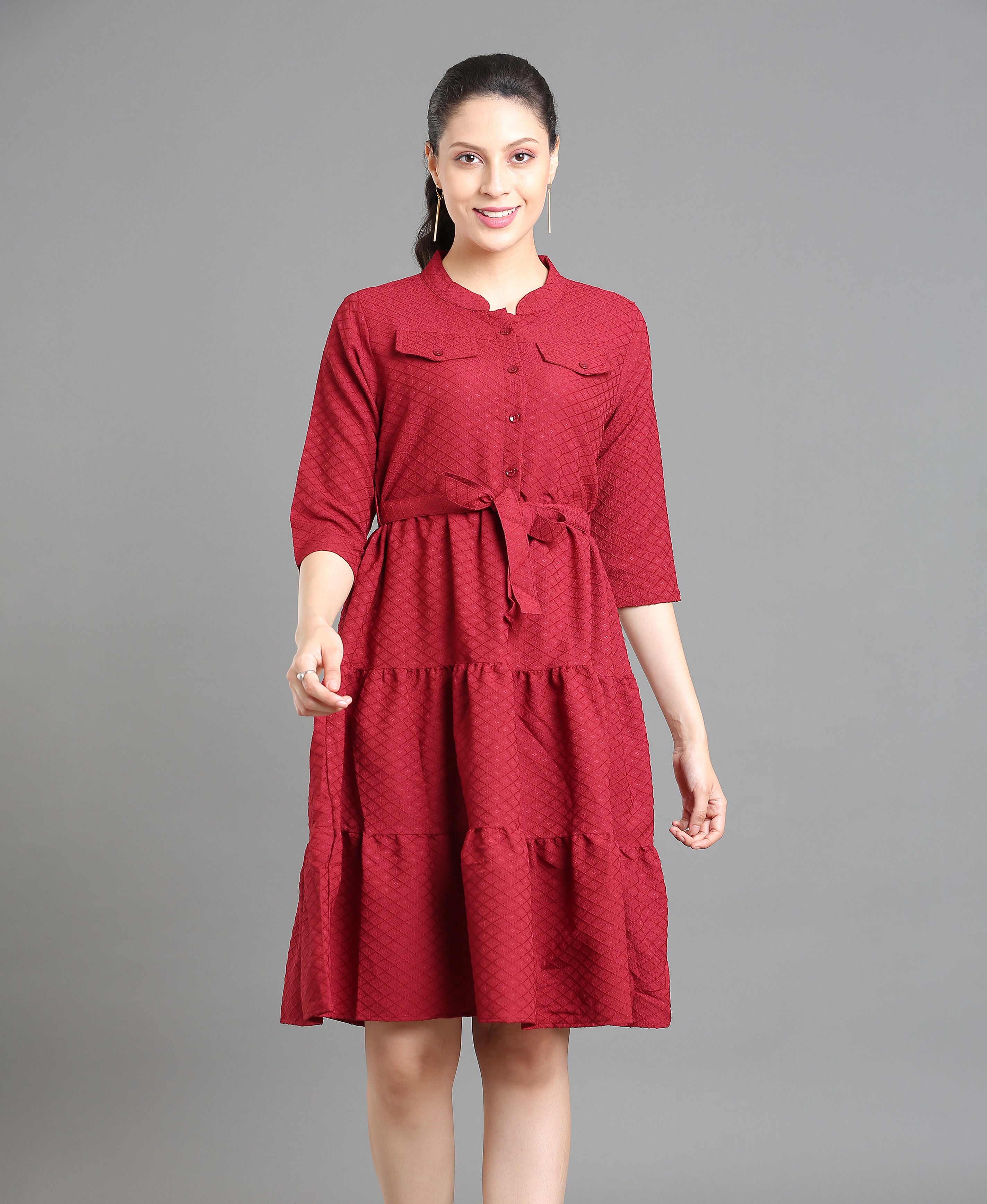 Maroon Tiered Poly Dress For Women