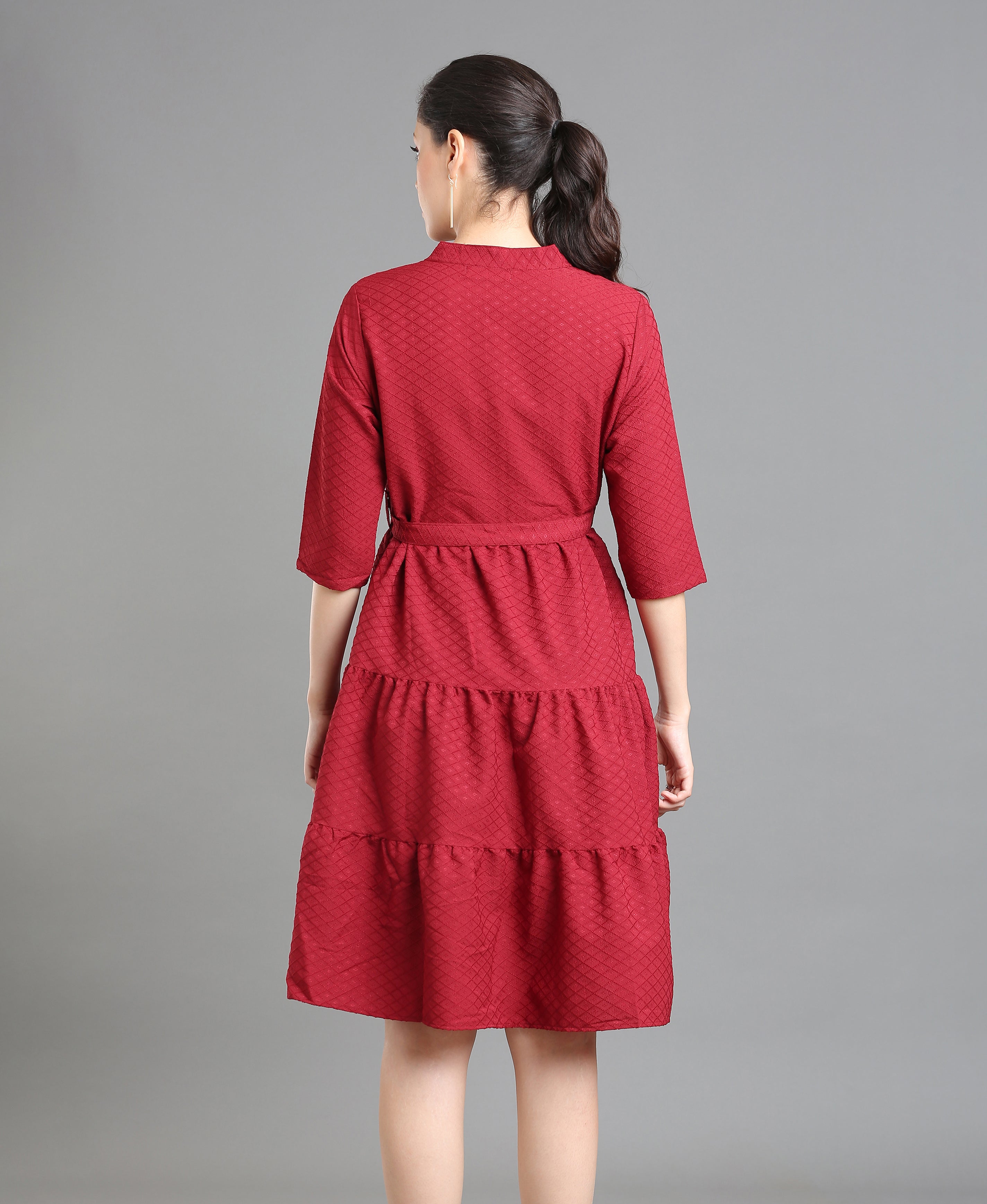 Maroon Tiered Poly Dress For Women