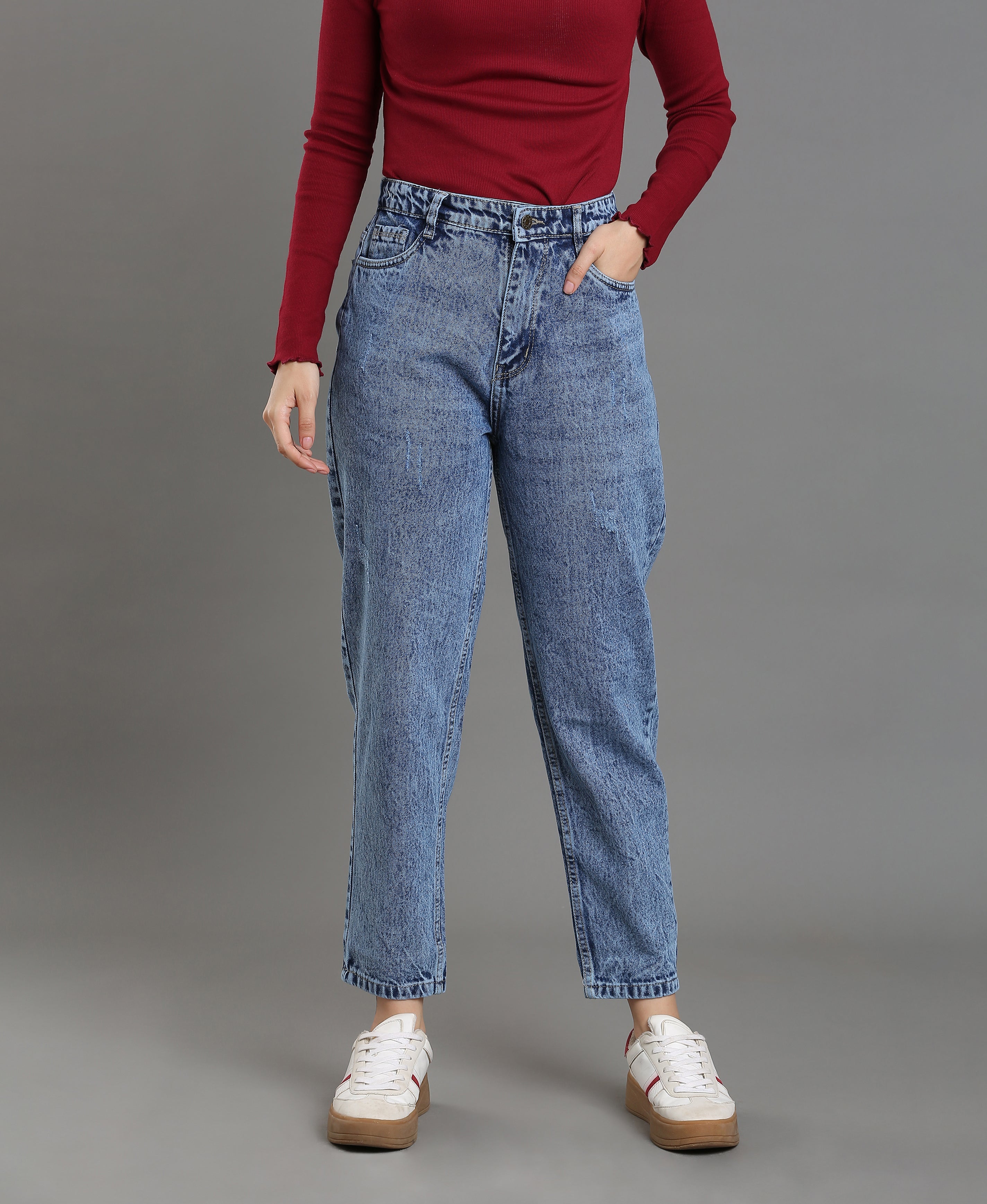Stonewash Ribbed Denim Jean For Women