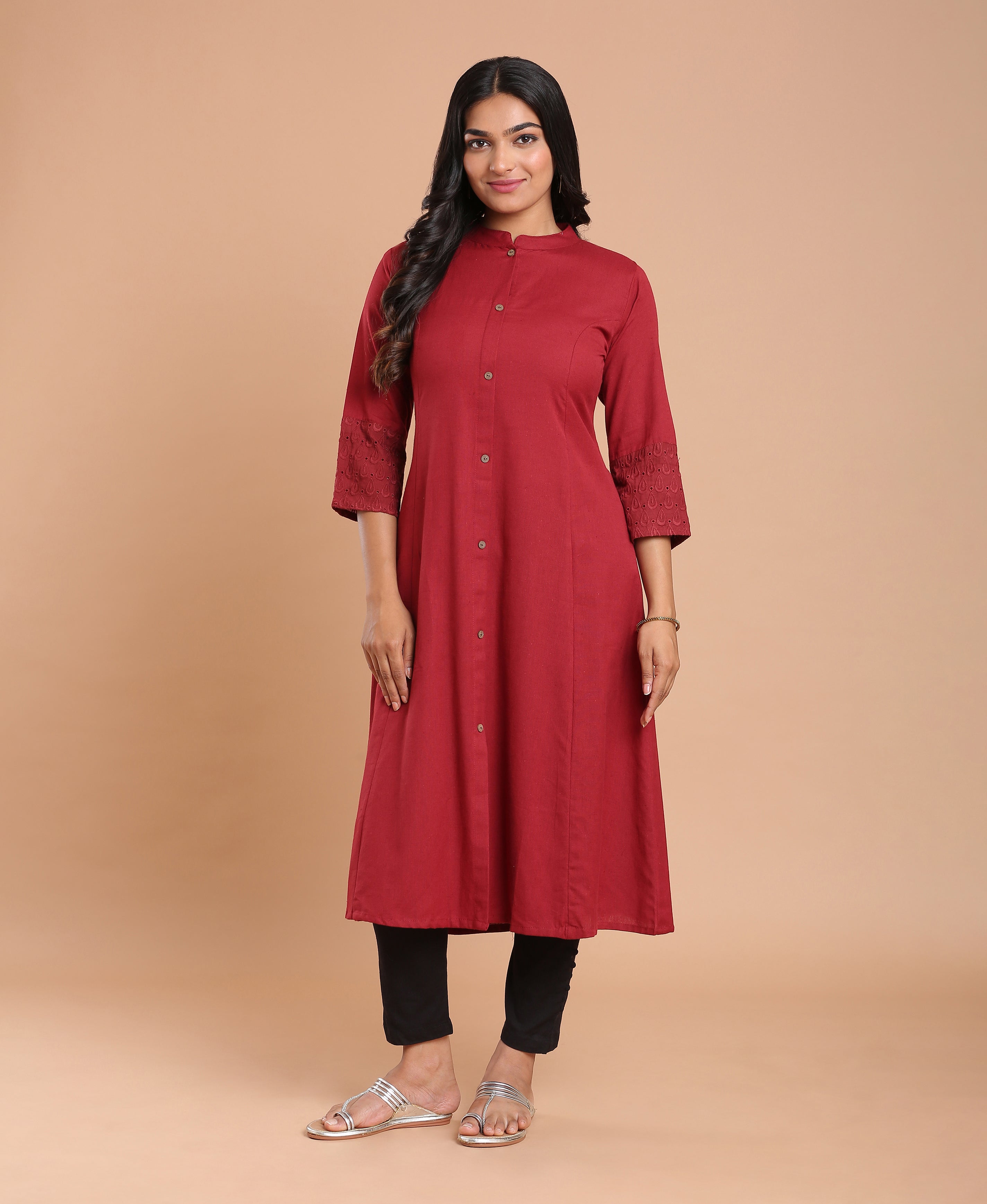 Maroon Hakoba Princess Kurti For Women