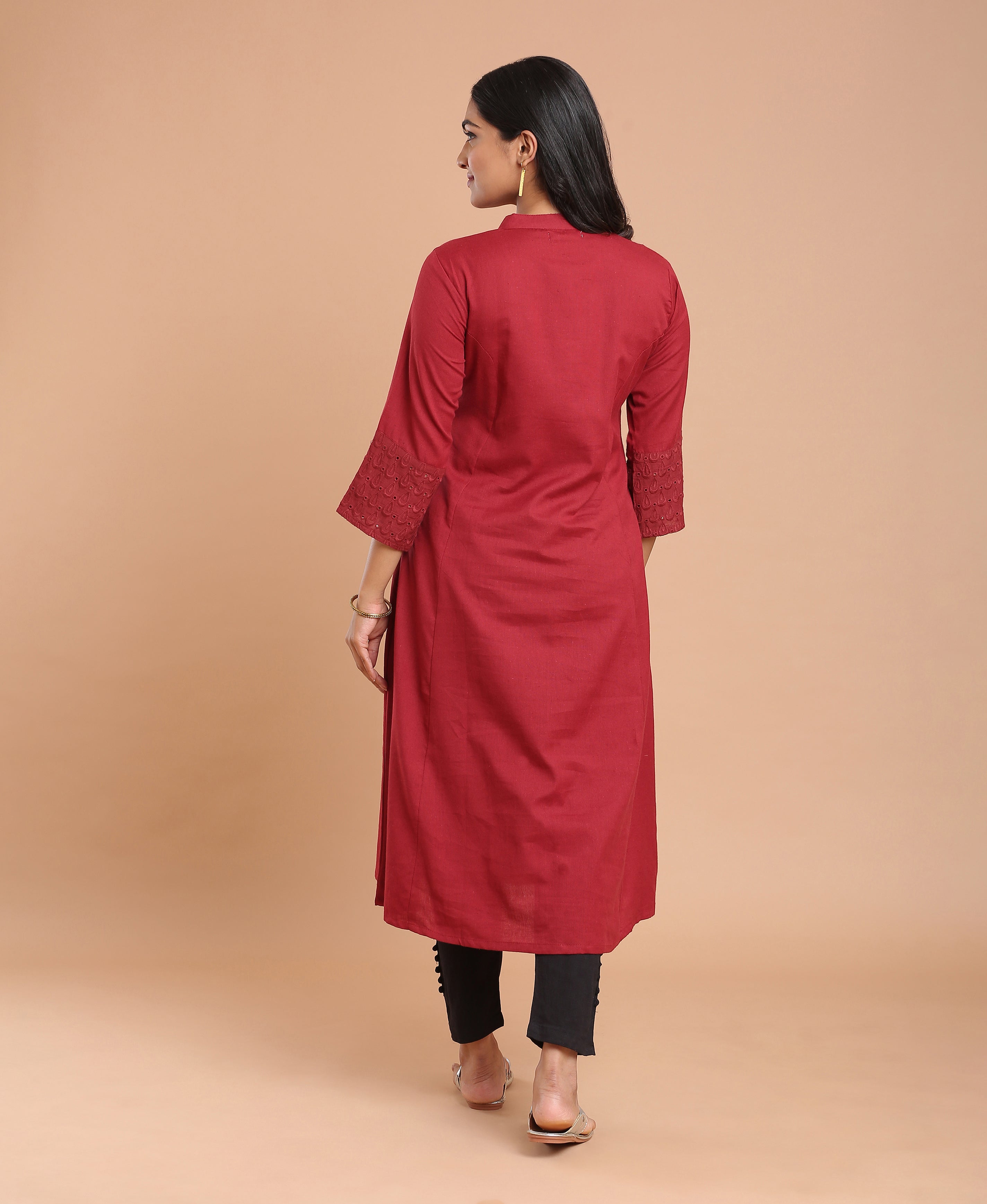 Maroon Hakoba Princess Kurti For Women