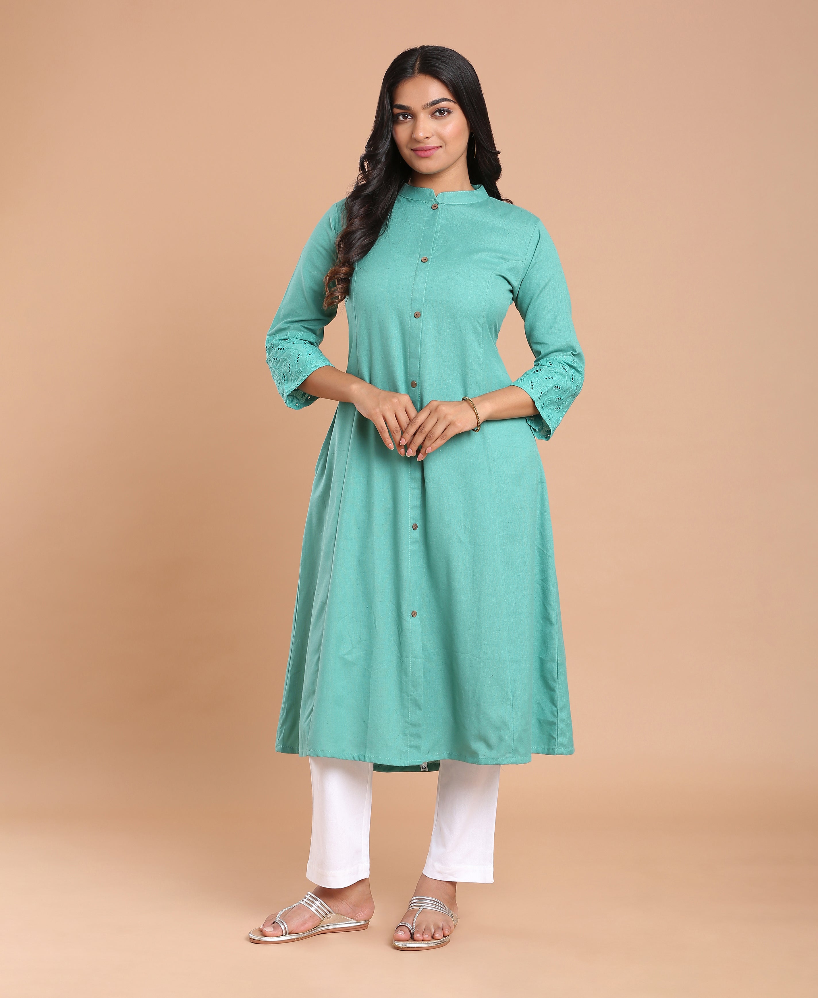 Teal Hakoba Princess Kurti For Women