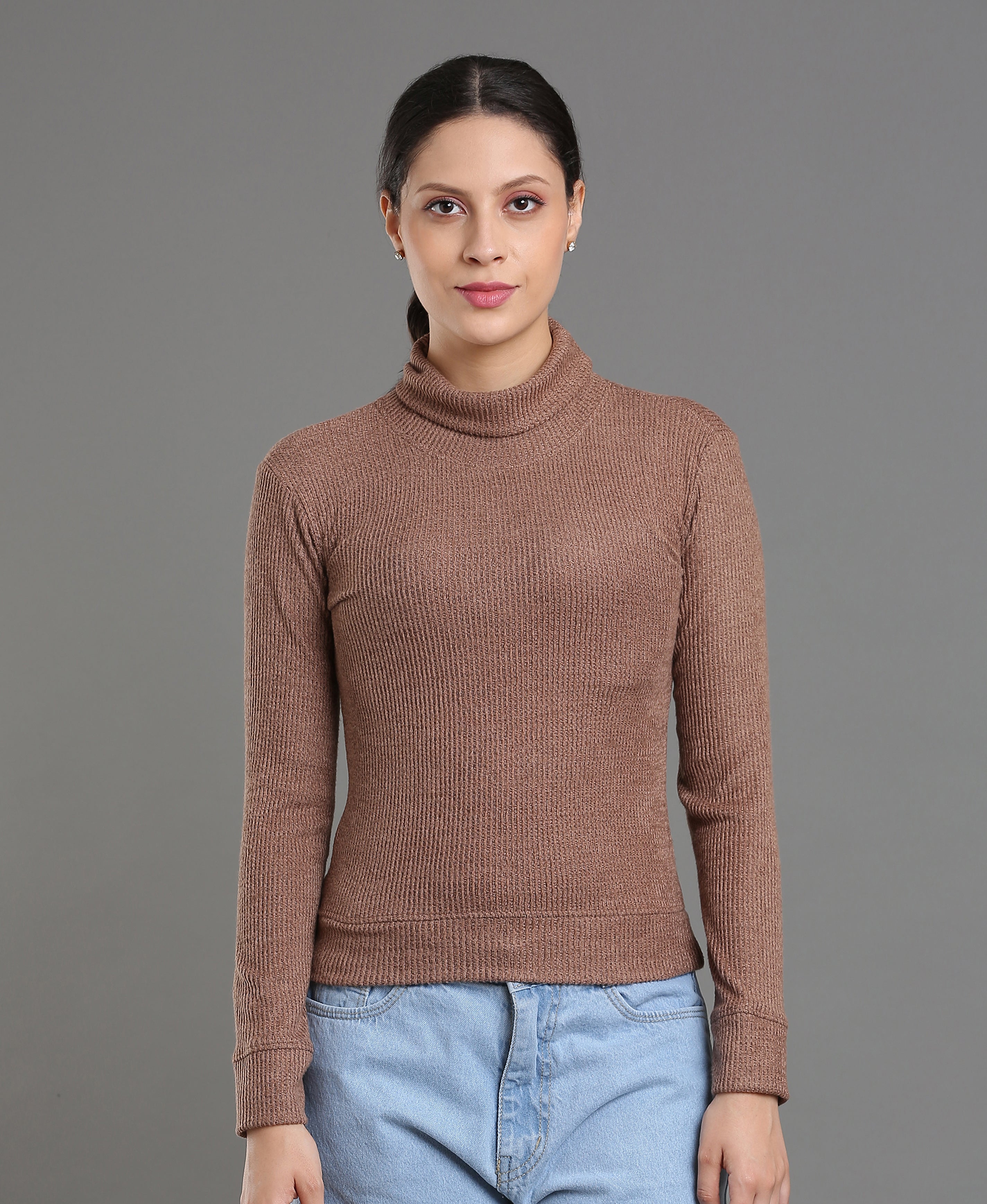 Maroon Waffle High Neck Tee For Women