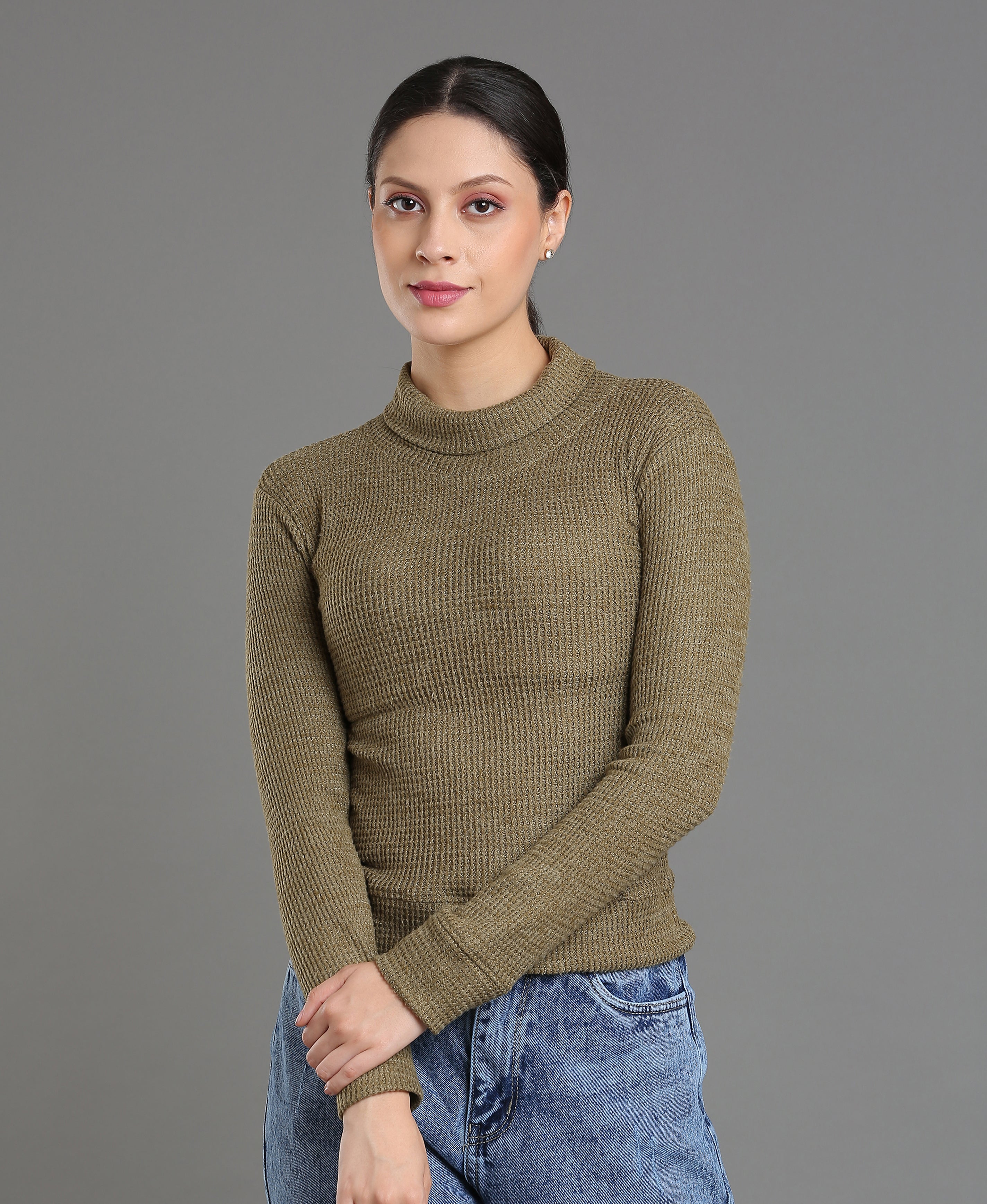 Olive Waffle High Neck Tee For Women