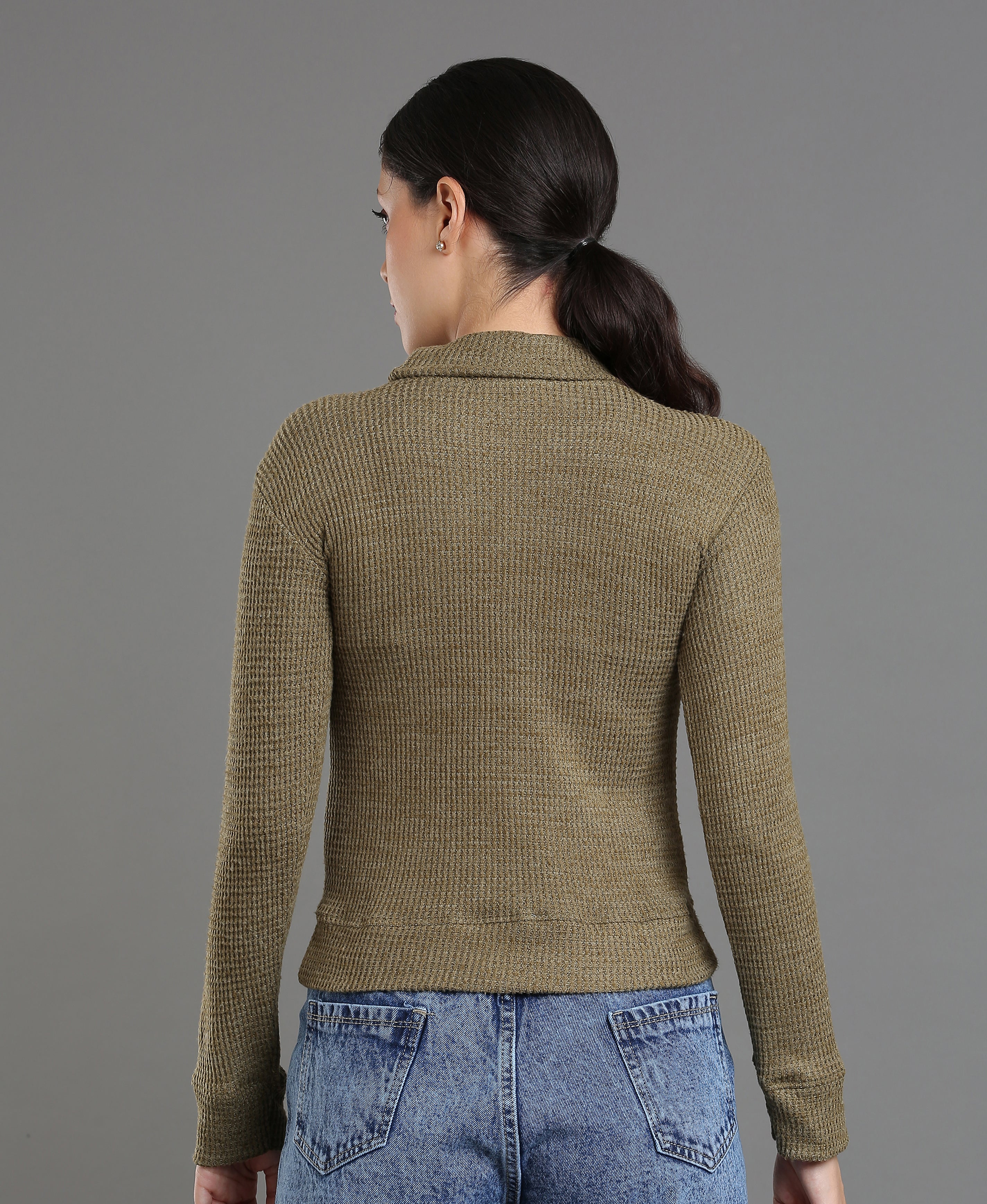 Olive Waffle High Neck Tee For Women