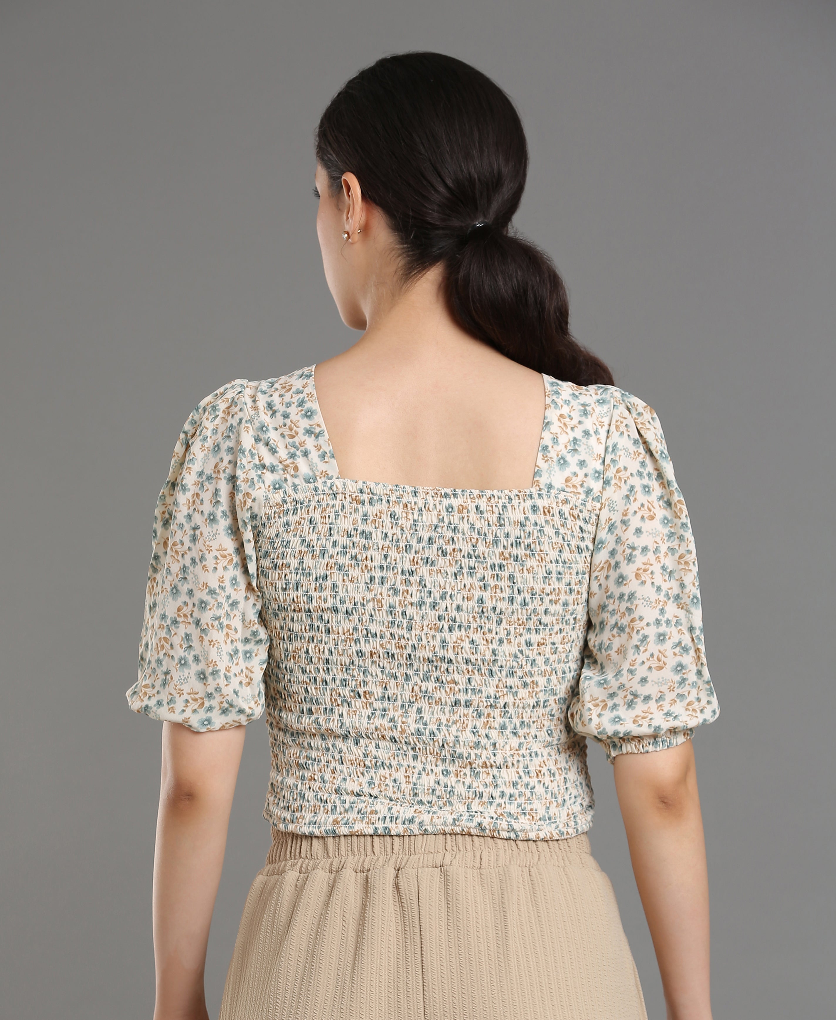 Azure Bloom Smocked Top For Women