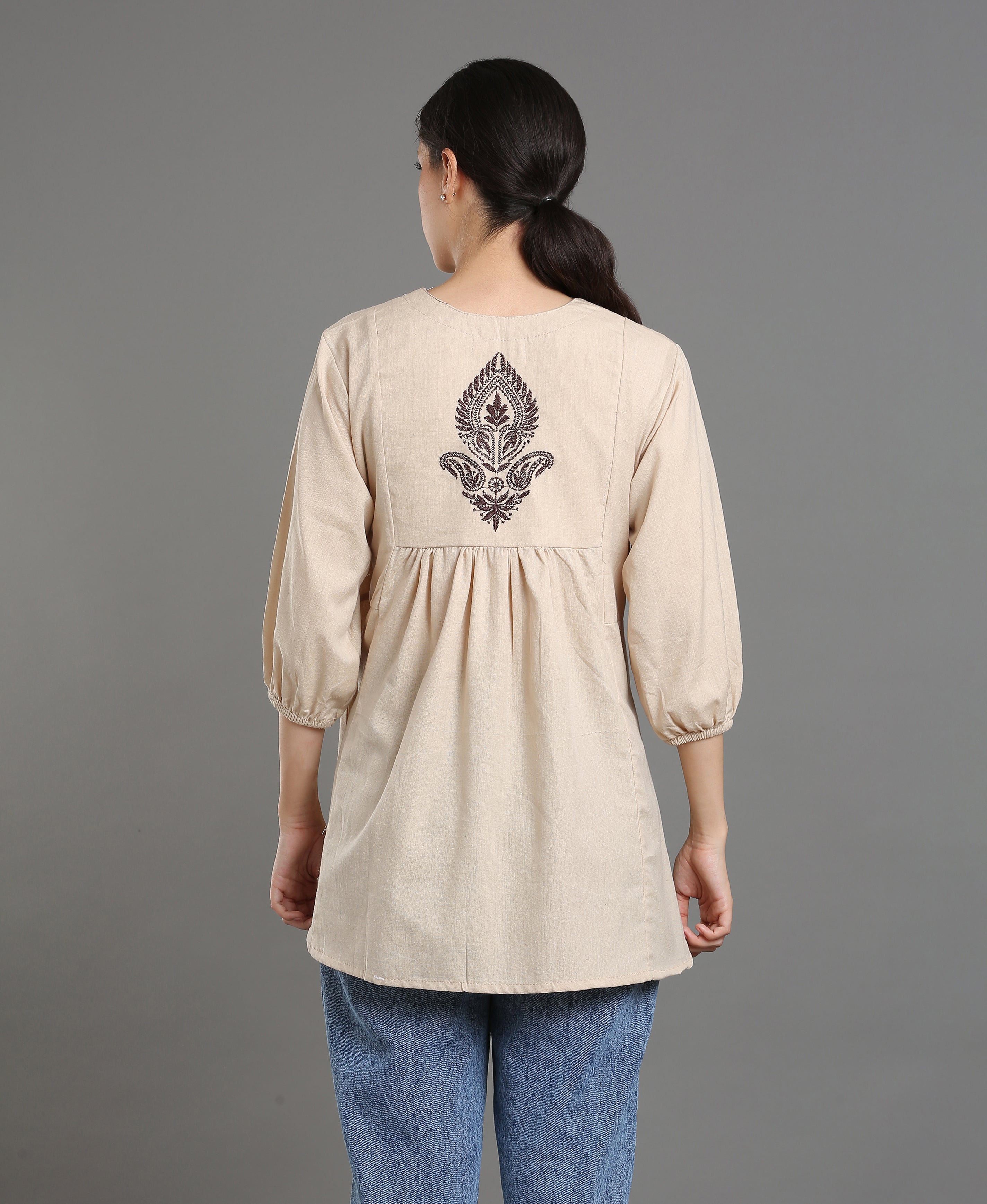 Cream Embroidered Peplum Top For Women