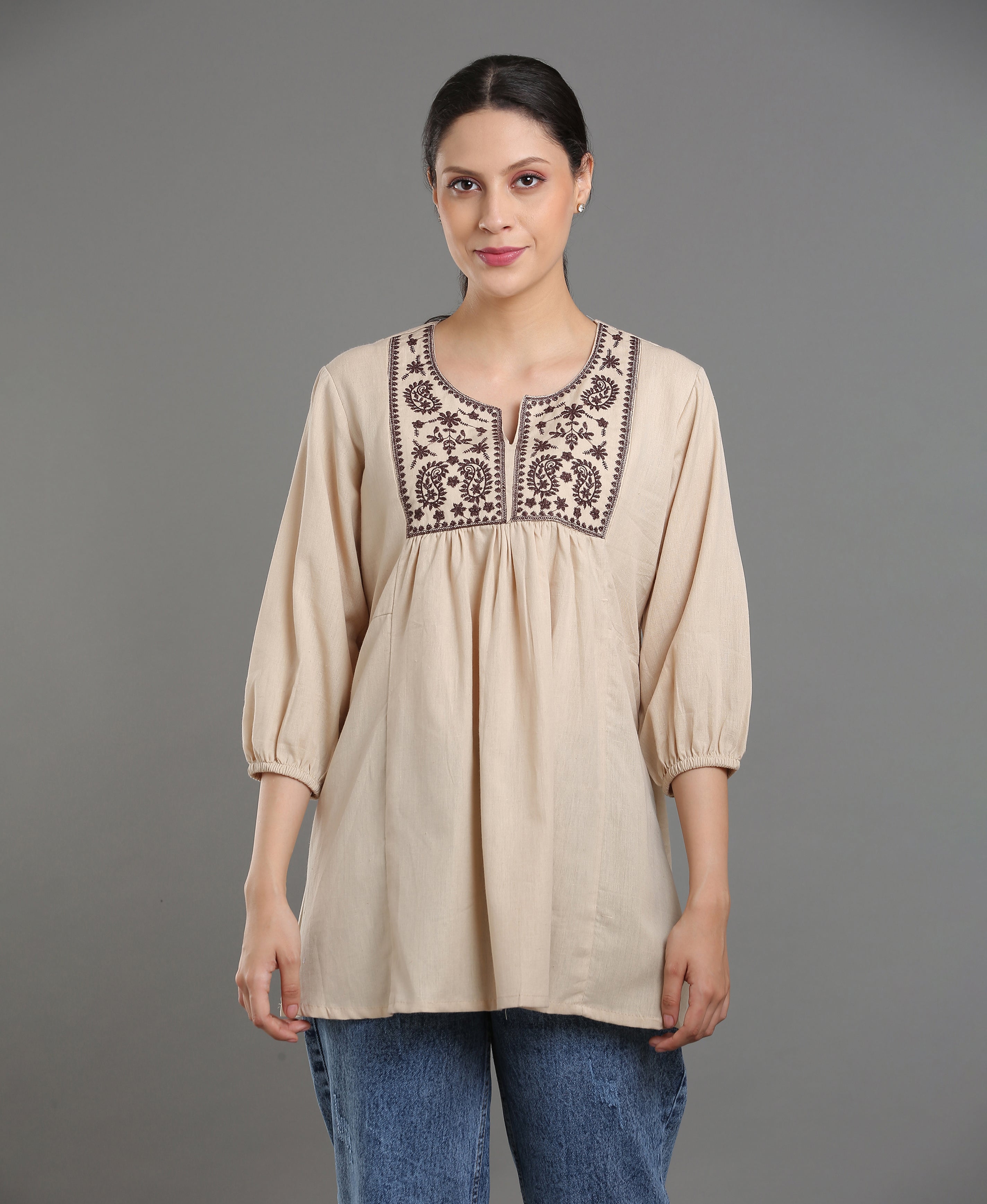 Cream Embroidered Peplum Top For Women